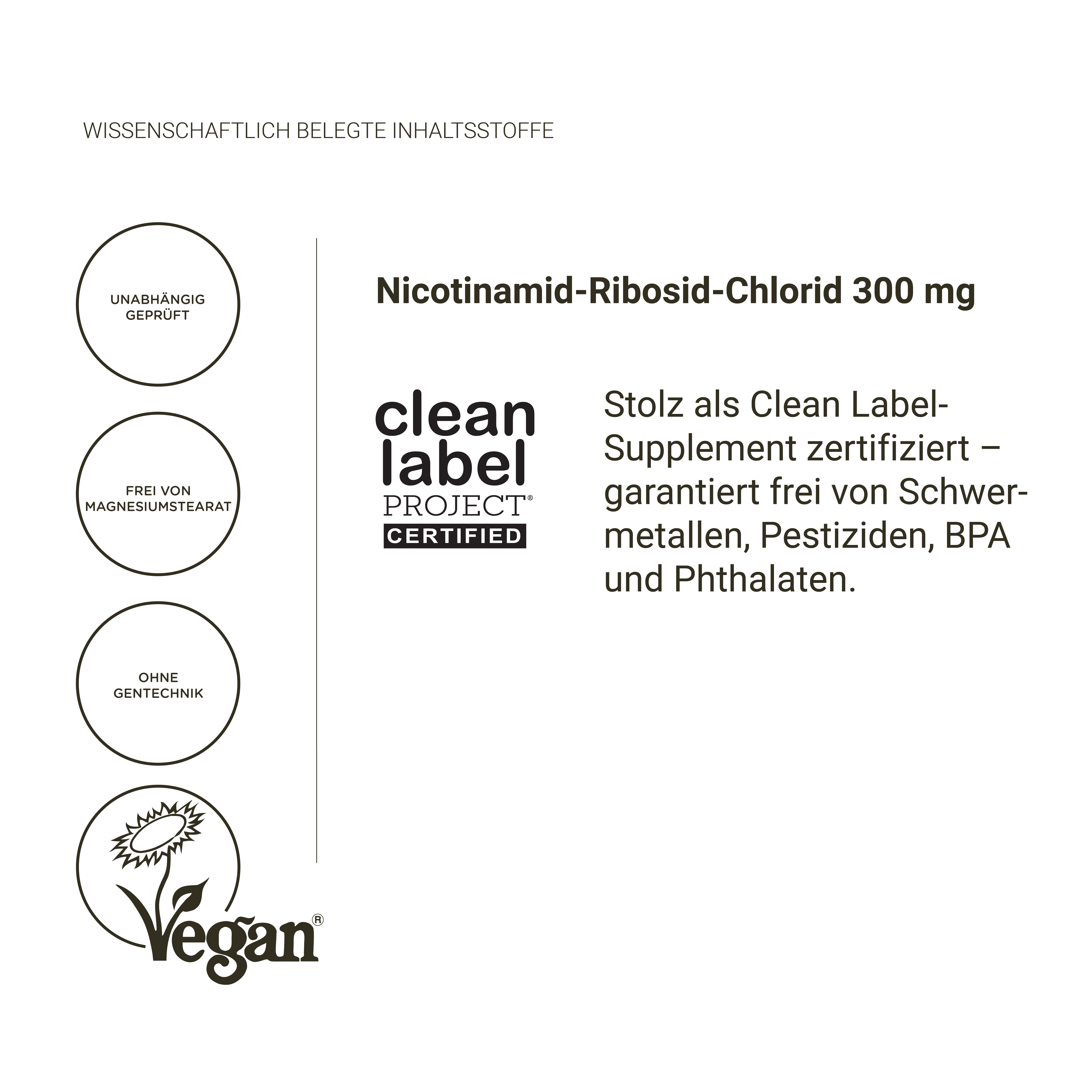 Text: Nicotinamid-Ribosid-Chlorid 300 mg. Clean Label Project zertifiziert. Vegan. Ohne Magnesiumstearat und Gentechnik.