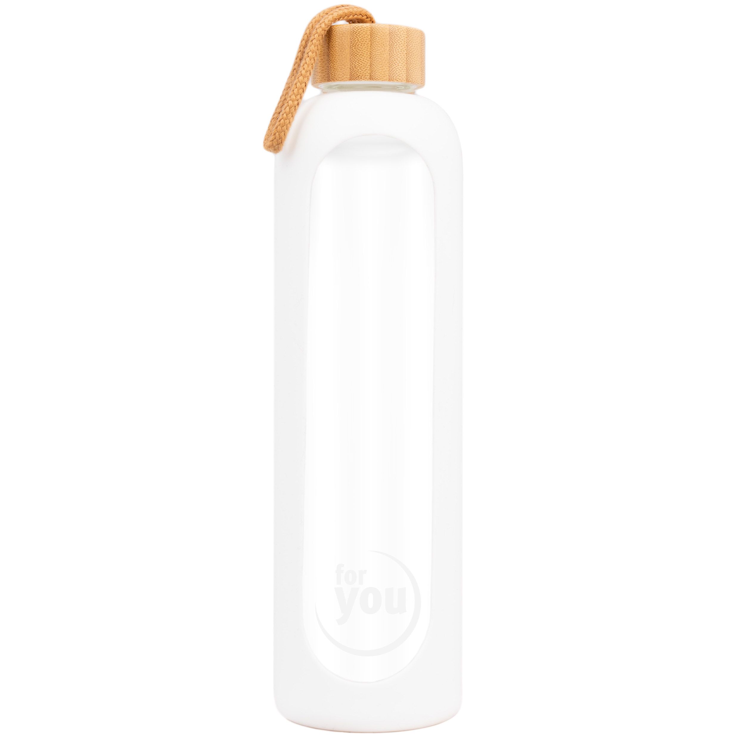 Weiße Glasflasche mit Bambusdeckel und Trageschlaufe. "for you" Logo auf der Vorderseite.
