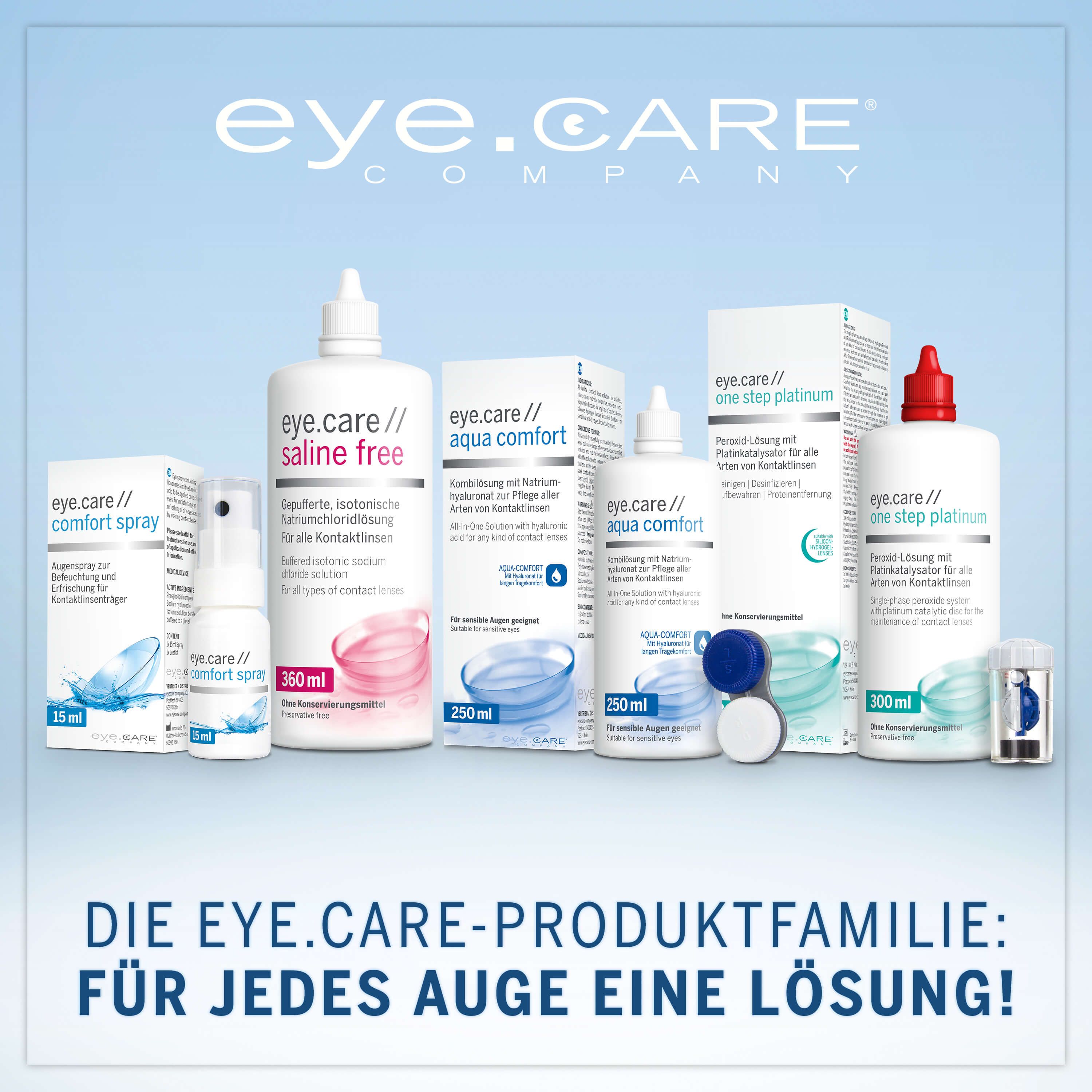 eye.care Produktfamilie. Verschiedene Flaschen und Sprays. Für jedes Auge eine Lösung.