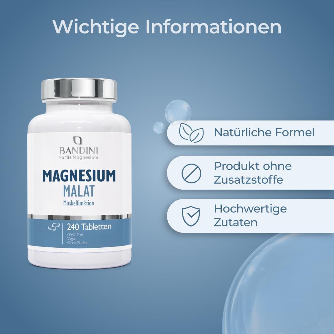 Bandini Magnesium Malat Flasche, 240 Tabletten, vegan.