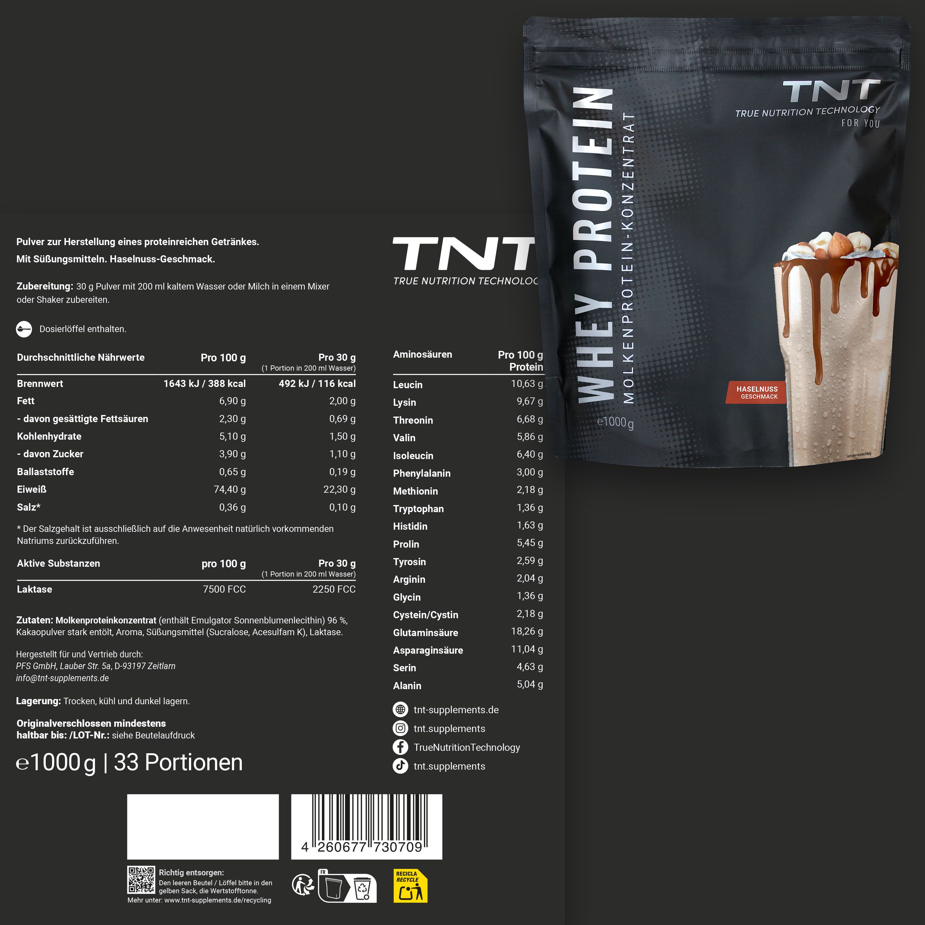 TNT Whey Protein Konzentrat Packung und Nährwerttabelle. Aufdruck: Whey Protein, Molkenprotein-Konzentrat. Enthält Nährwertangaben und Aminosäuren.
