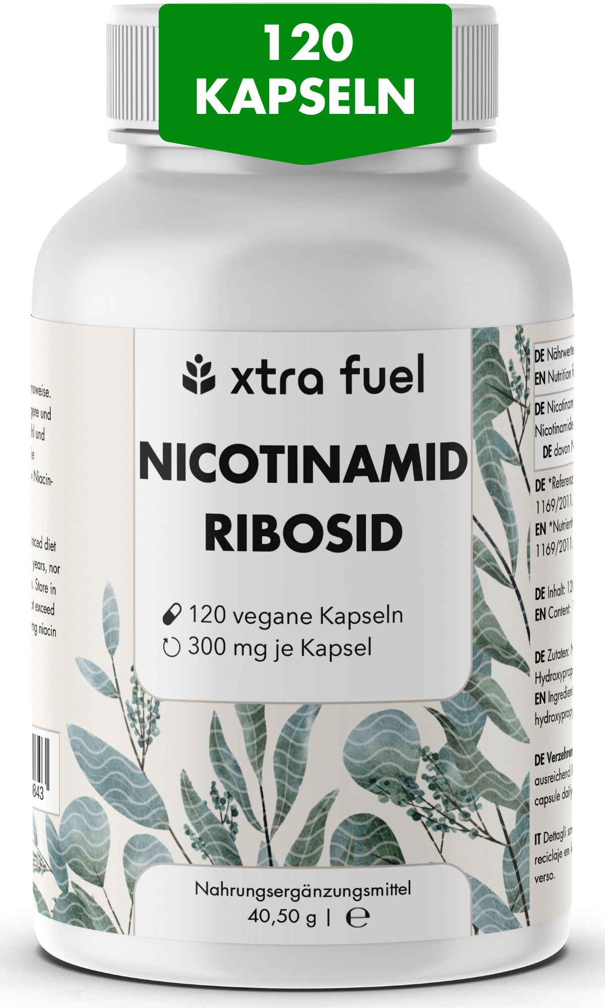 Weiße Flasche mit Kapseln. Aufschrift: Nicotinamid Ribosid, 120 Kapseln, 300 mg pro Kapsel. Marke: Xtra Fuel.