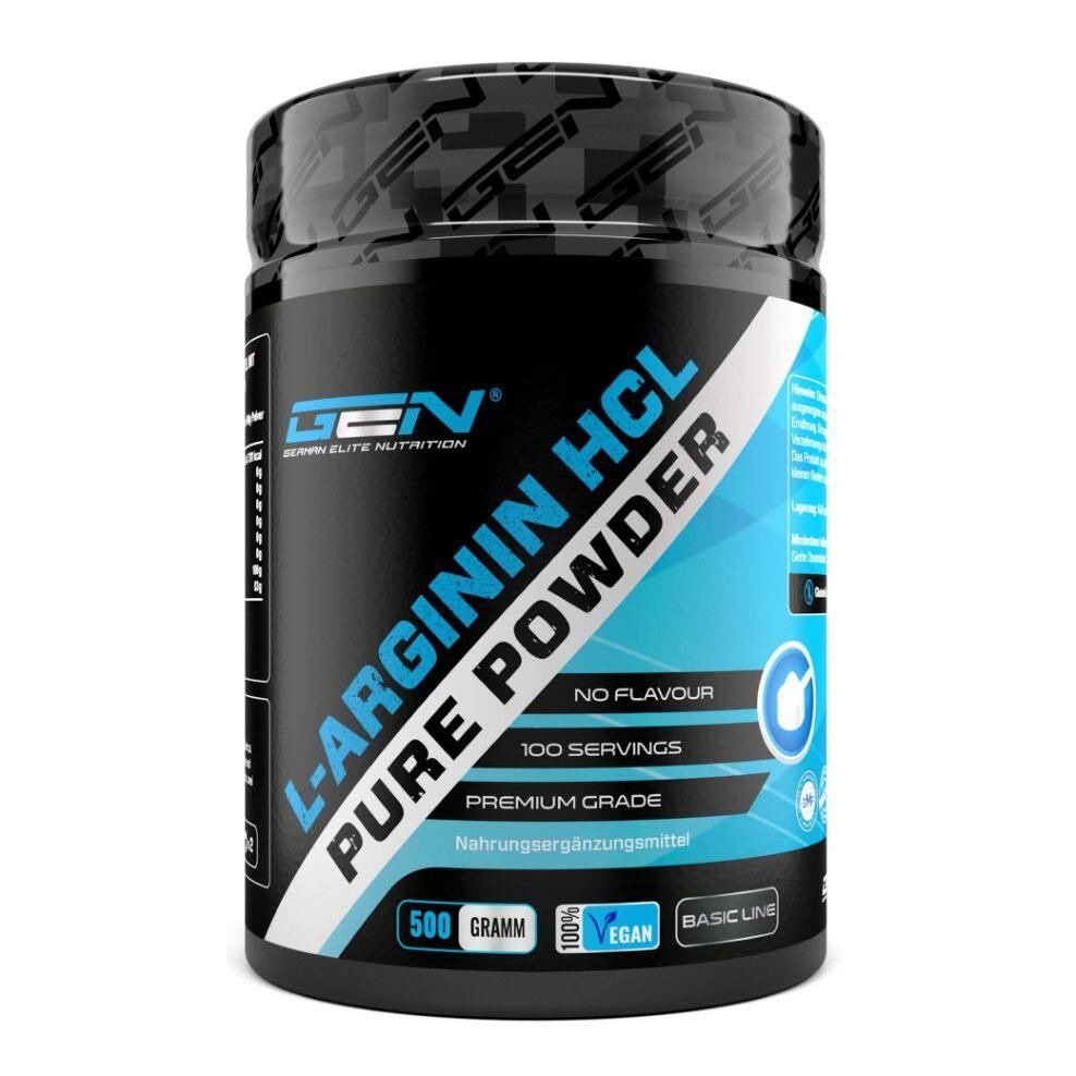 Zylinderförmige Dose mit blauem Etikett. Text: L-Arginin HCL Pure Powder, 100 Servings, 500 Gramm, Vegan.