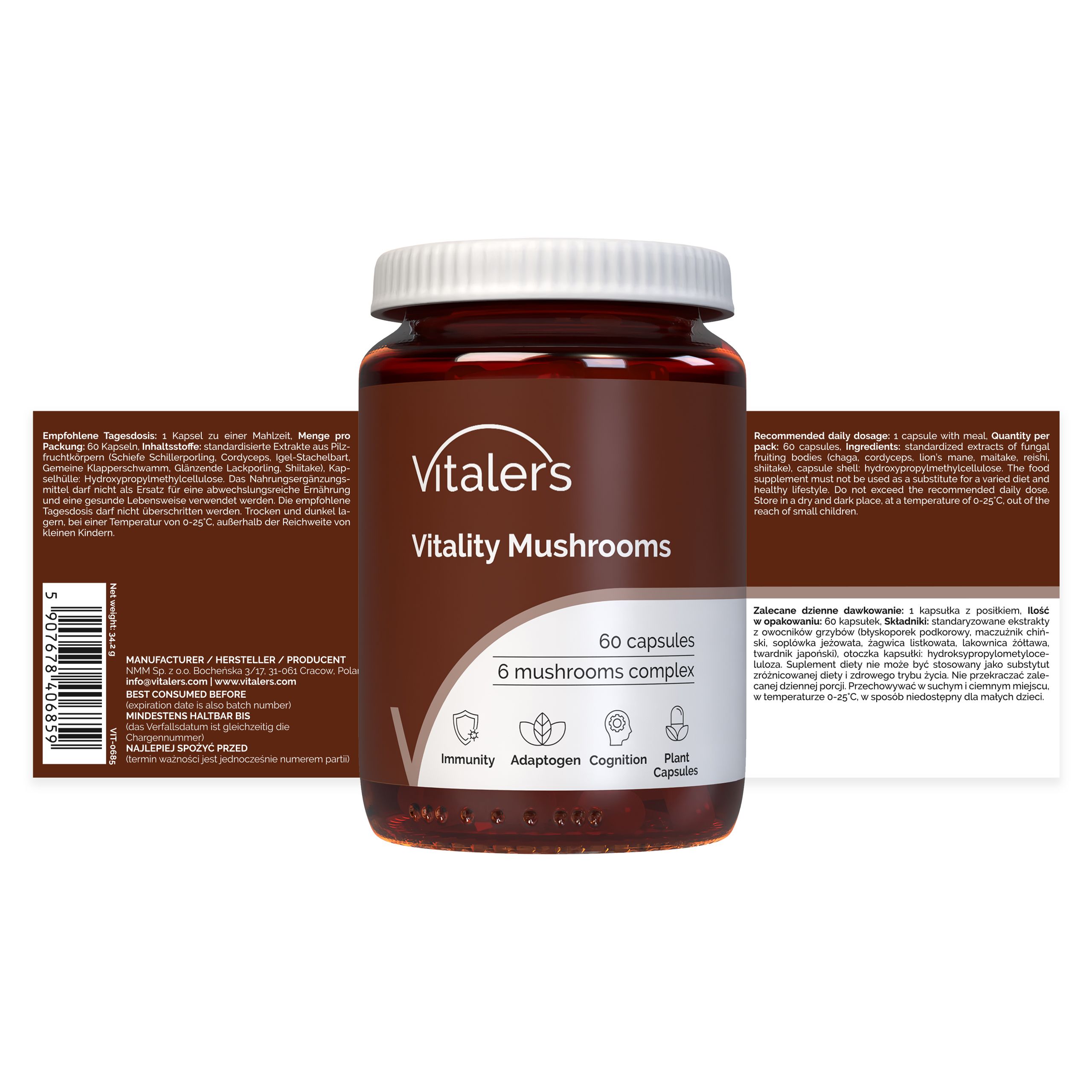 Vitaler’s Vital Mushrooms Komplex: Dose und Kartonverpackung. Enthält 60 Kapseln, 6 Pilzkomplexe. Informationen in mehreren Sprachen.