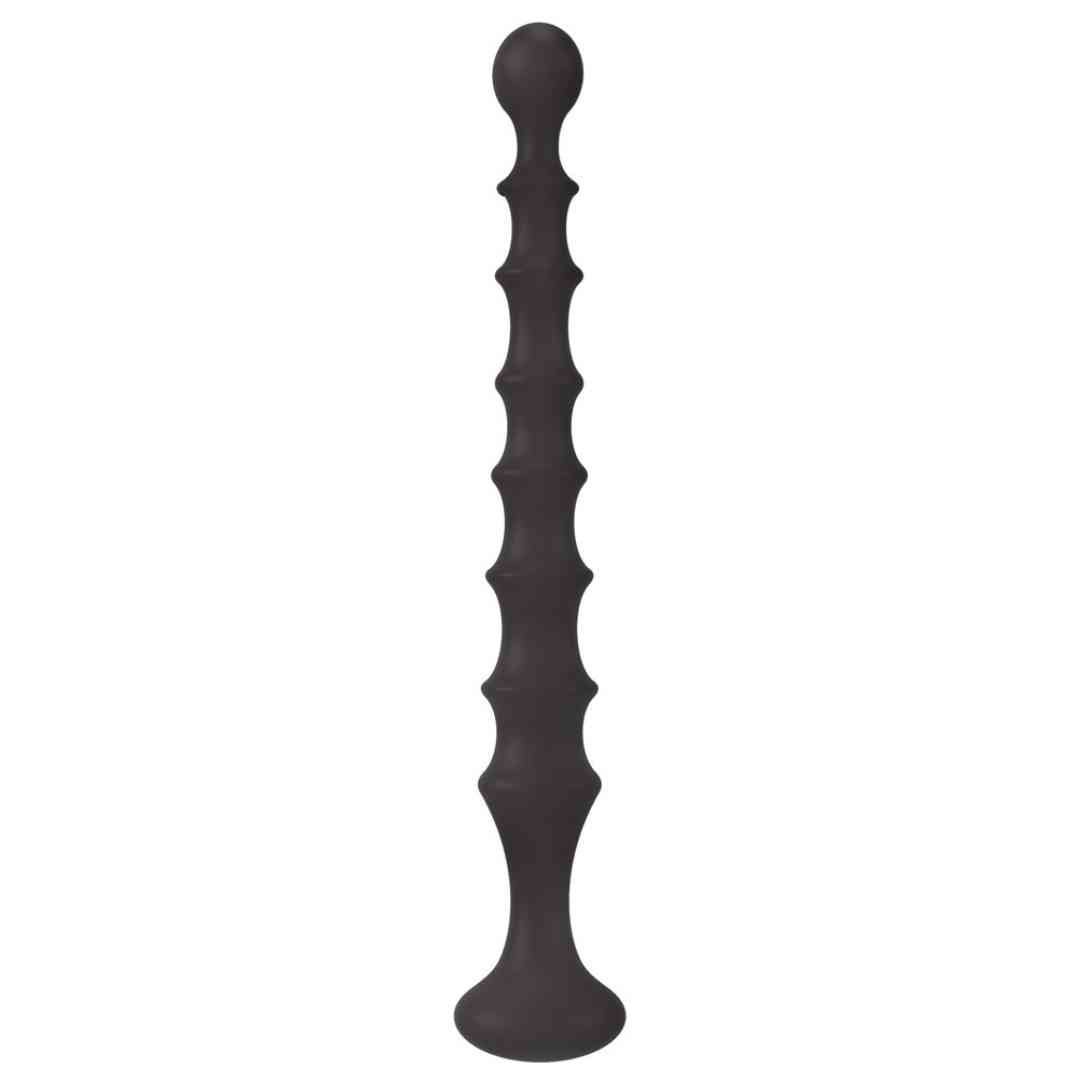 Dunkelgrauer Anal-Wand mit geriffelter Oberfläche und abgerundeten Enden. Längliche Form mit breiter Basis und oberem Kopf.