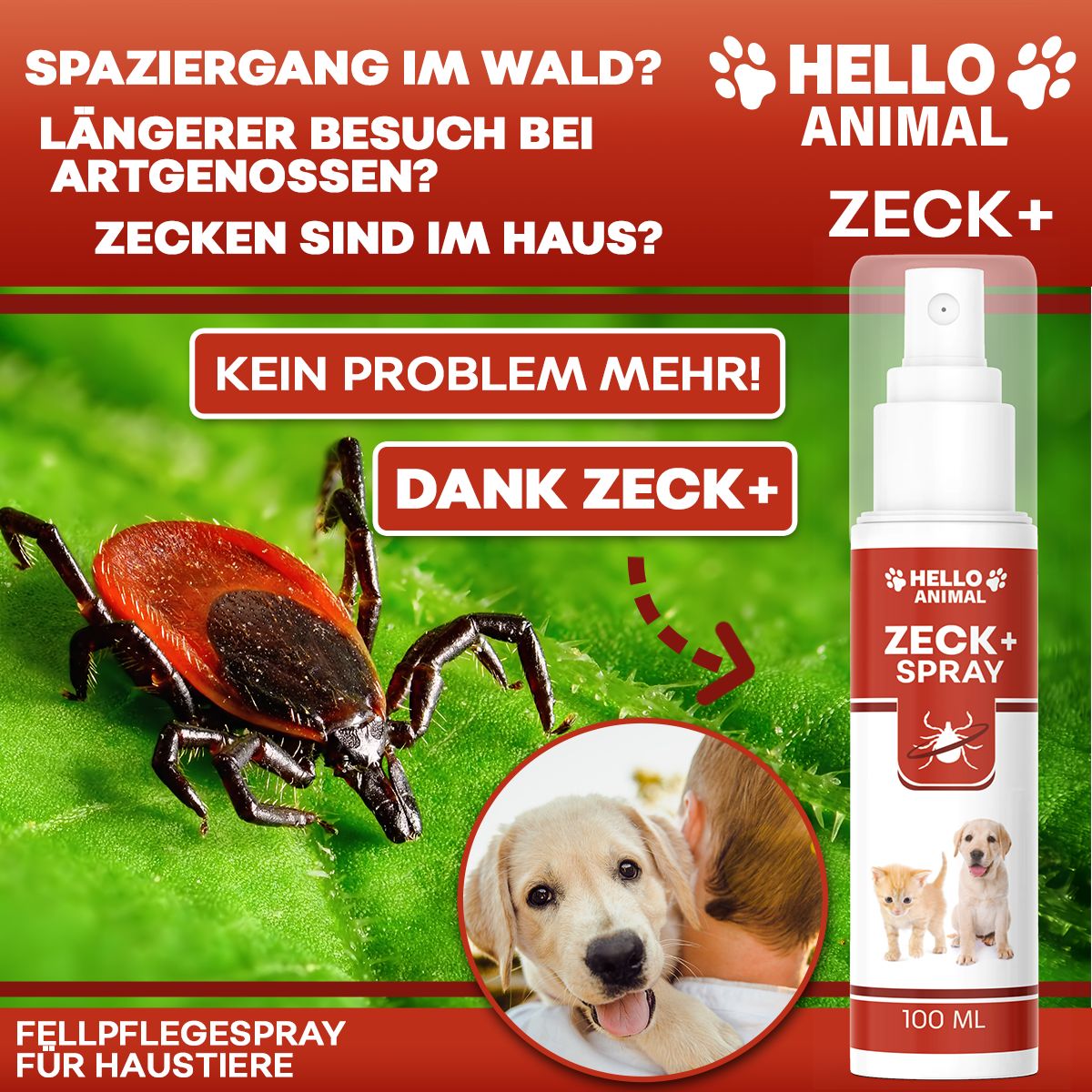 Szene mit Zecke und Hund. Weiße Sprühflasche mit rotem Etikett. Aufschrift: Hello Animal, Zeck+ Spray, 100 ml. Text: Kein Problem mehr!