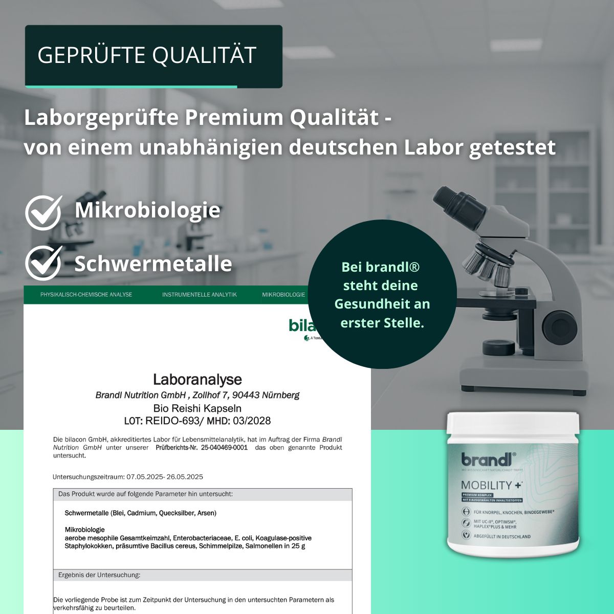 Laboranalyse mit Text: Mikrobiologie, Schwermetalle. Behälter brandl® Mobility+. Text: Premium Qualität, von einem unabhängigen deutschen Labor getestet.