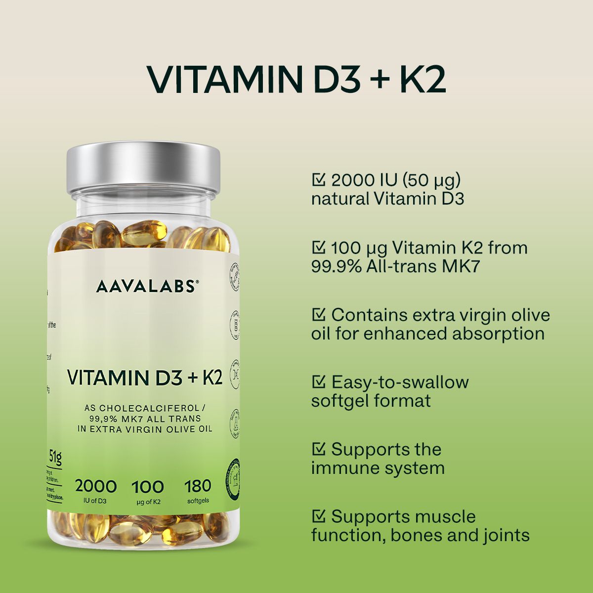 Kapselglas mit Vitamin D3 + K2. 2000 IE D3, 100 µg K2. Enthält Olivenöl. Unterstützt Immunsystem.