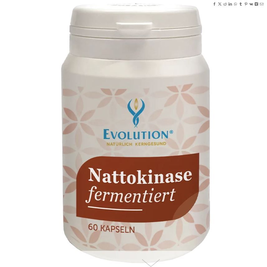 Weißes Flaschen-Etikett mit "Evolution"-Logo und Text "Nattokinase fermentiert, 60 Kapseln".