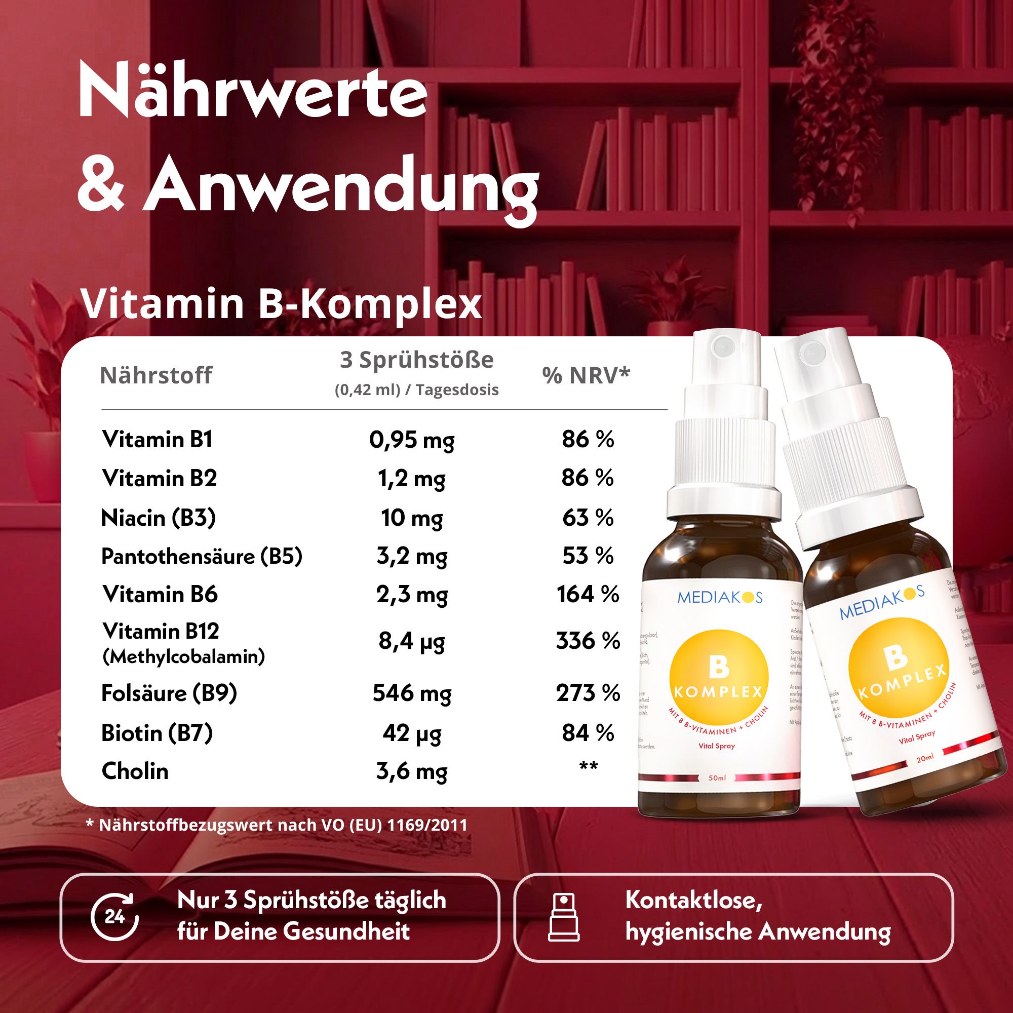 Zwei Sprühflaschen und eine Tabelle mit Nährwertangaben. Text: Vitamin B-Komplex. Kontaktlose, hygienische Anwendung.