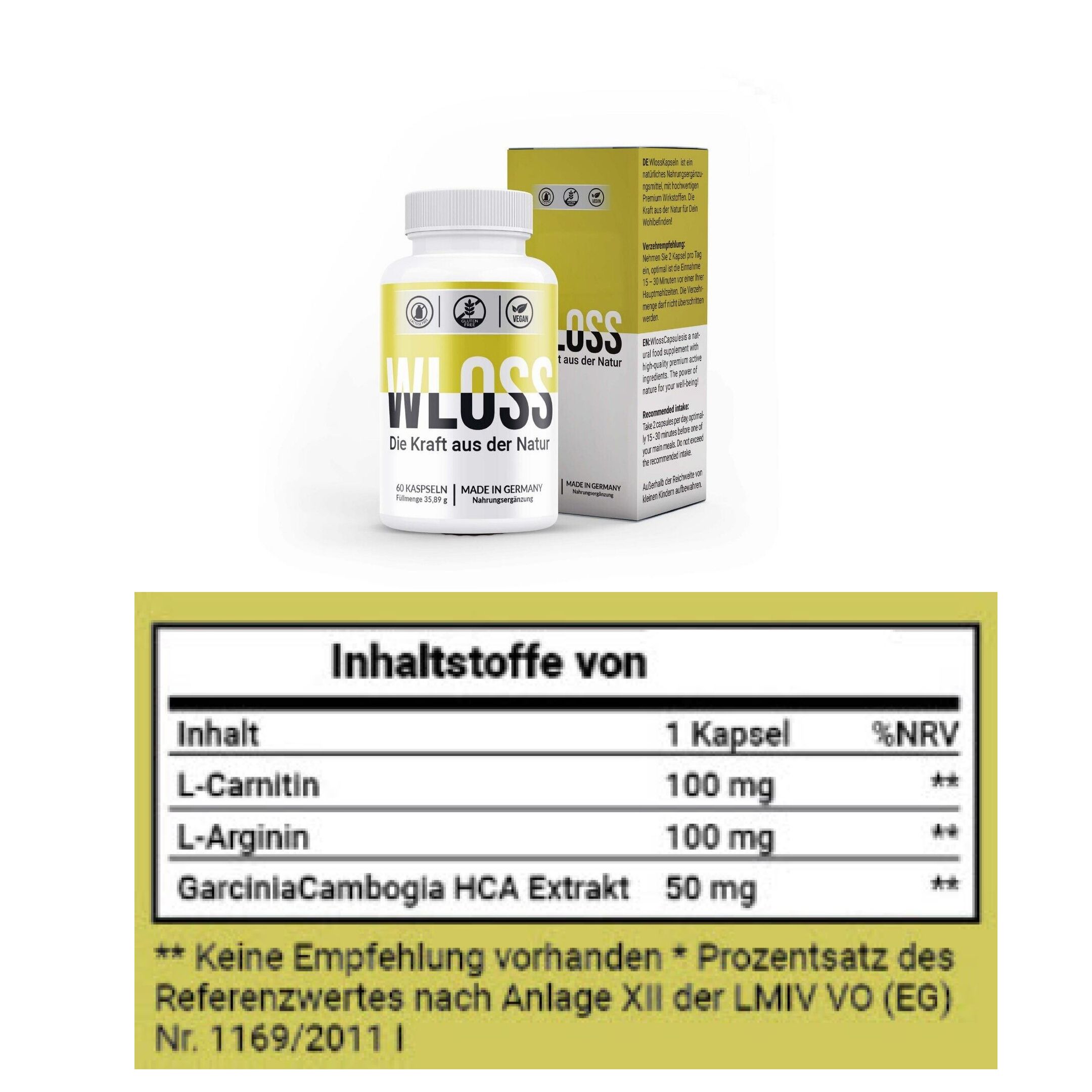 Weiße Flasche mit gelbem Etikett und Karton. Aufschrift: W-loss, 60 Kapseln, Made in Germany. Inhaltsstoffe-Tabelle.