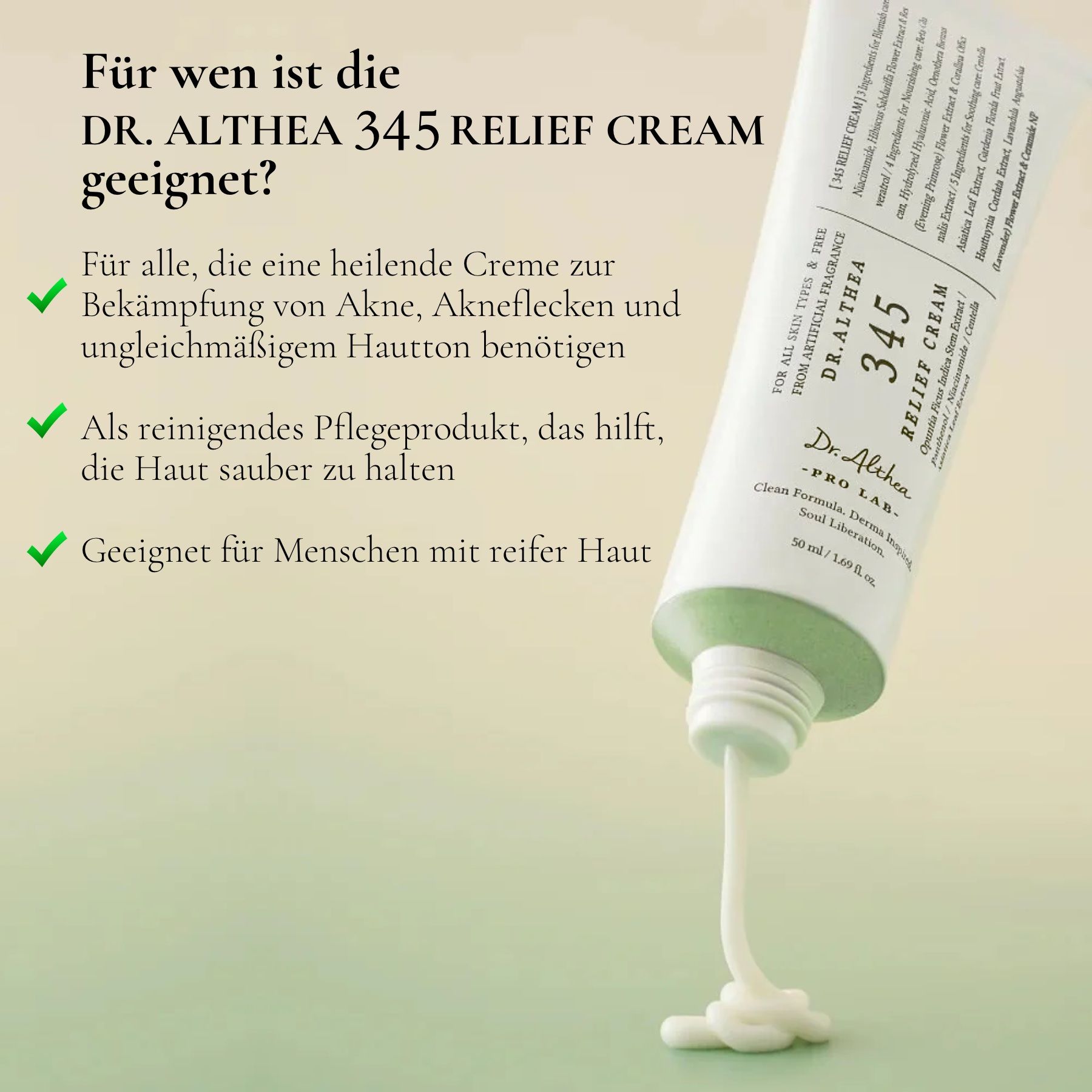 Tube Dr. Althea 345 Relief Cream. Text: Für Akne, Akneflecken, ungleichmäßigen Hautton. Reinigendes Pflegeprodukt.