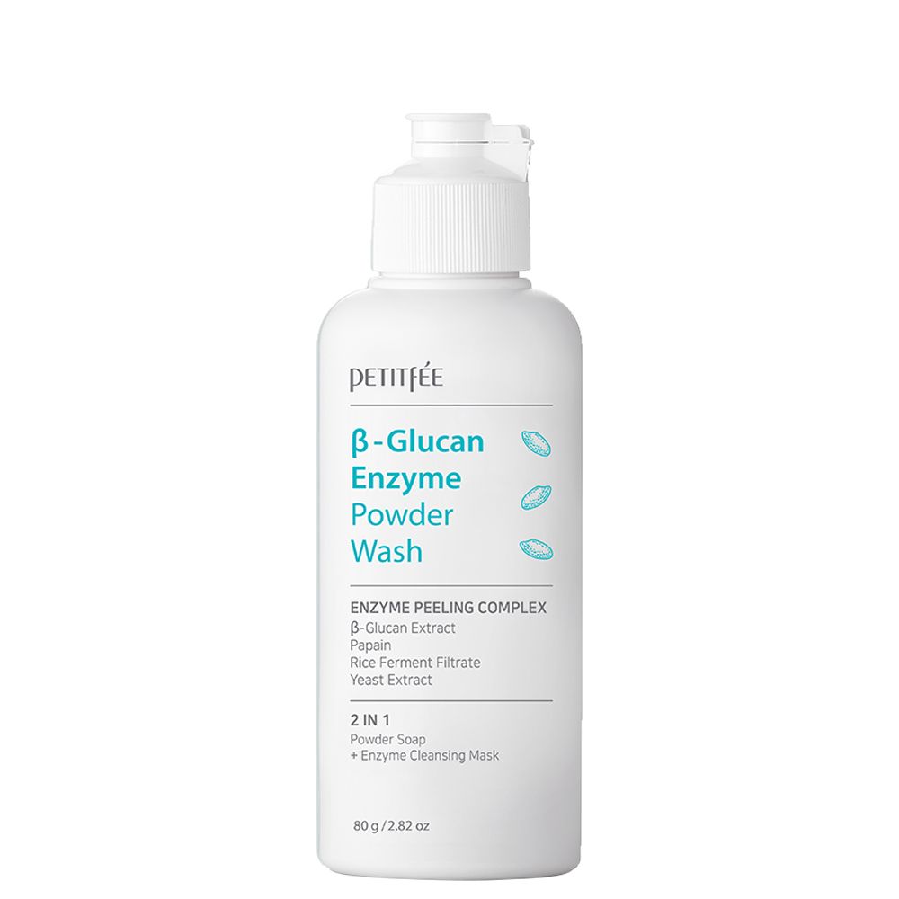 PETITFÉE β-Glucan Enzyme Powder Wash, 80g. Weißer Spender mit türkisfarbener Schrift.