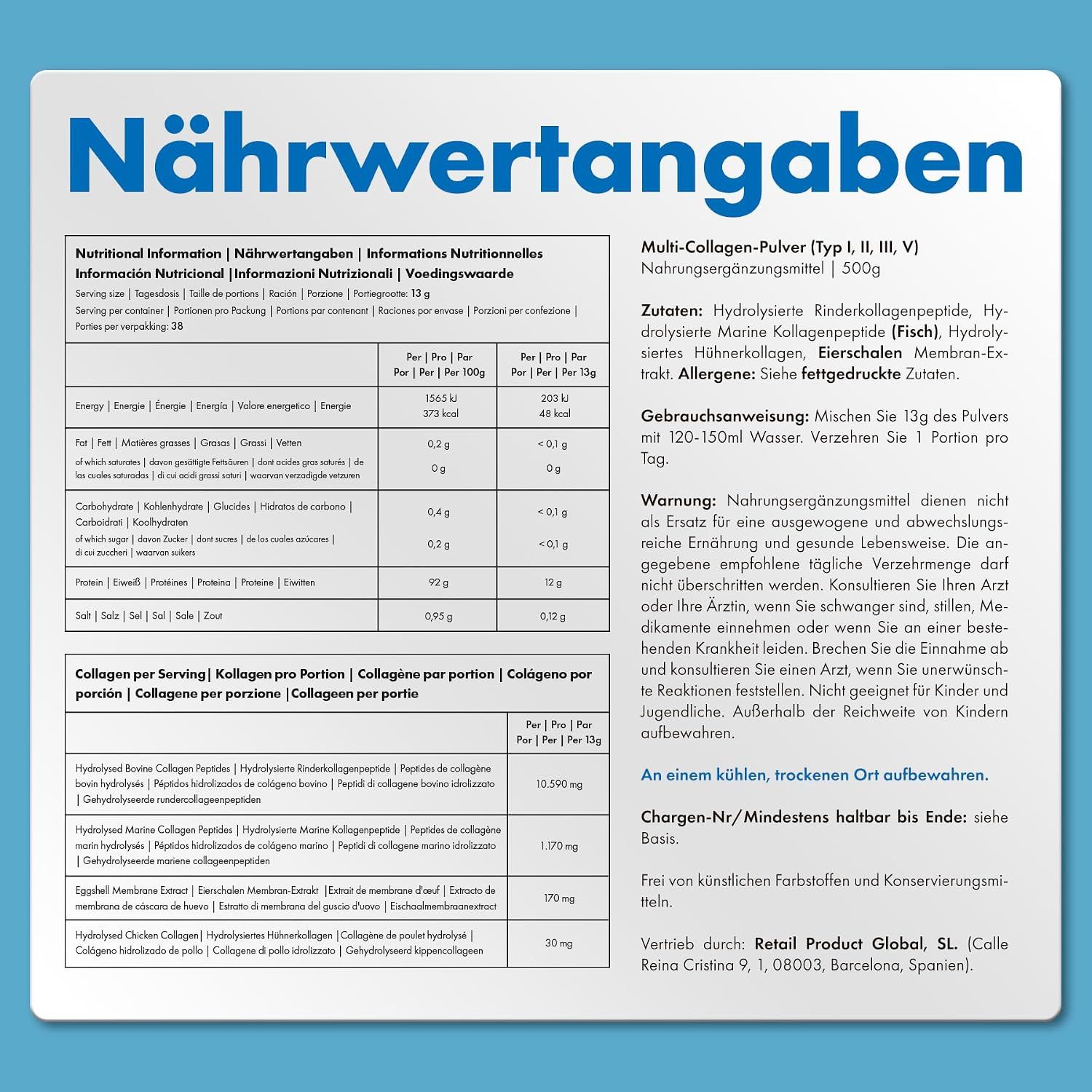 Nährwertangaben für Multi-Kollagen-Pulver (Typ I, II, III, V) 500g.