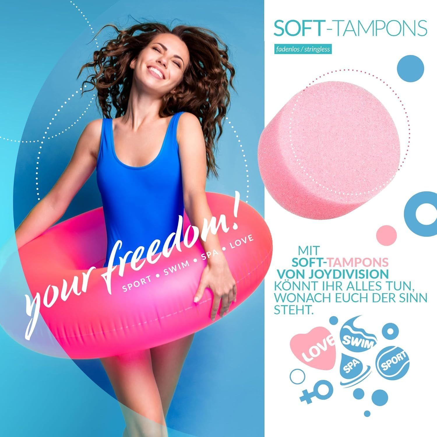 Frau in Schwimmkleidung mit Schwimmring. JOYDIVISION Soft-Tampon PRO abgebildet.