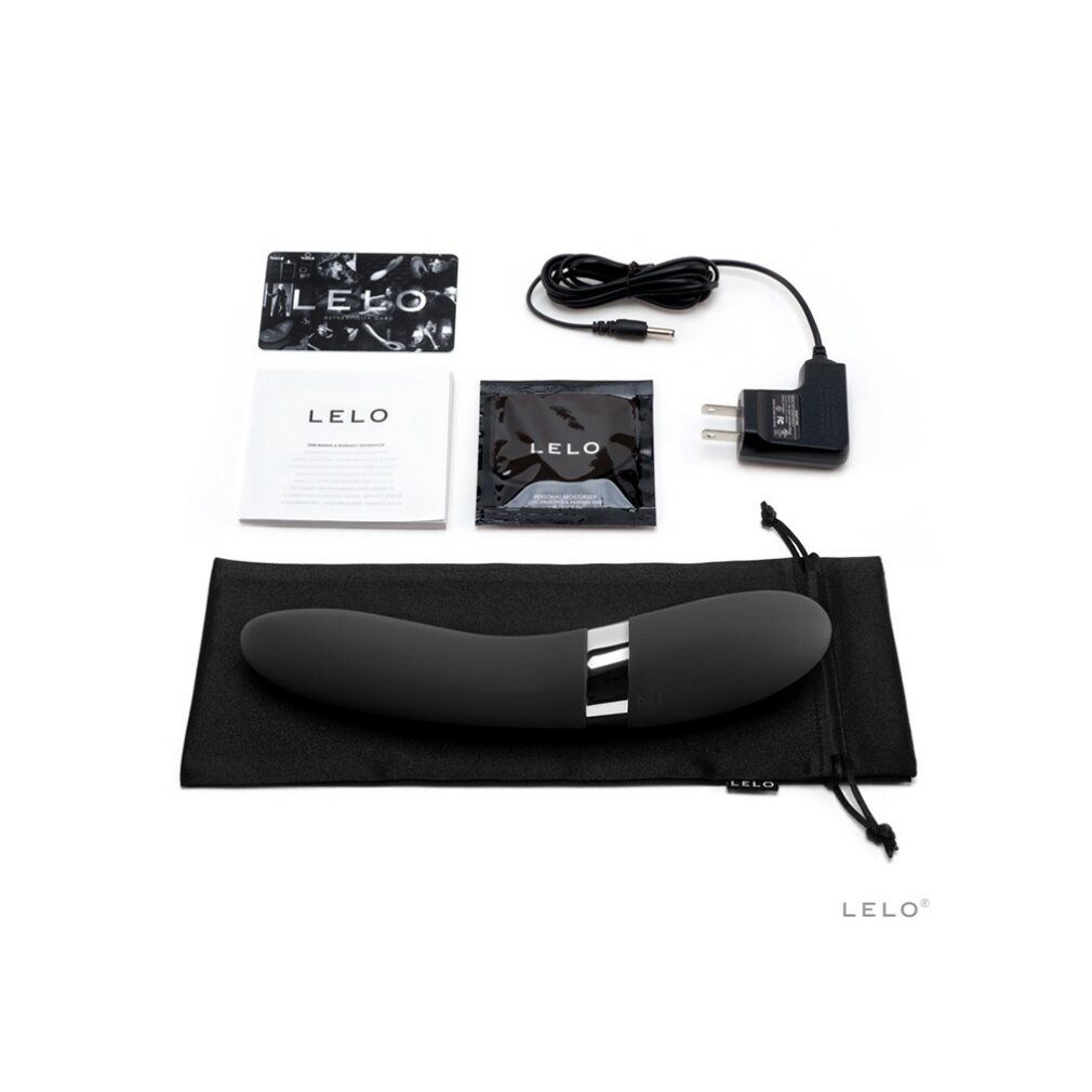 LELO Elise 2 Massager mit Ladekabel, Netzteil, Aufbewahrungsbeutel und Anleitungen.