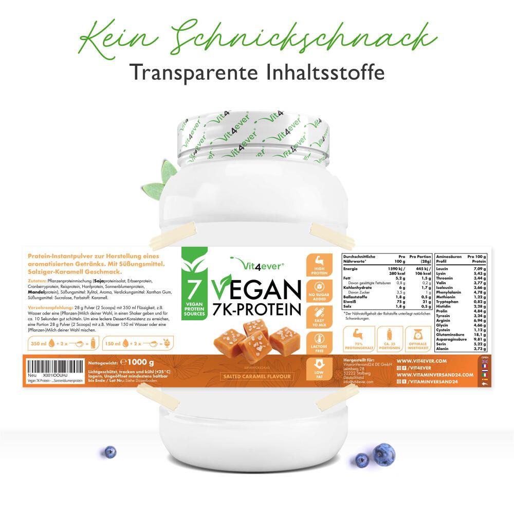 Produktverpackung mit Etikett. Aufschrift: 7 Vegan 7K-Protein. Nährwertangaben, Zutaten, Anwendungshinweise. Dose mit Deckel.