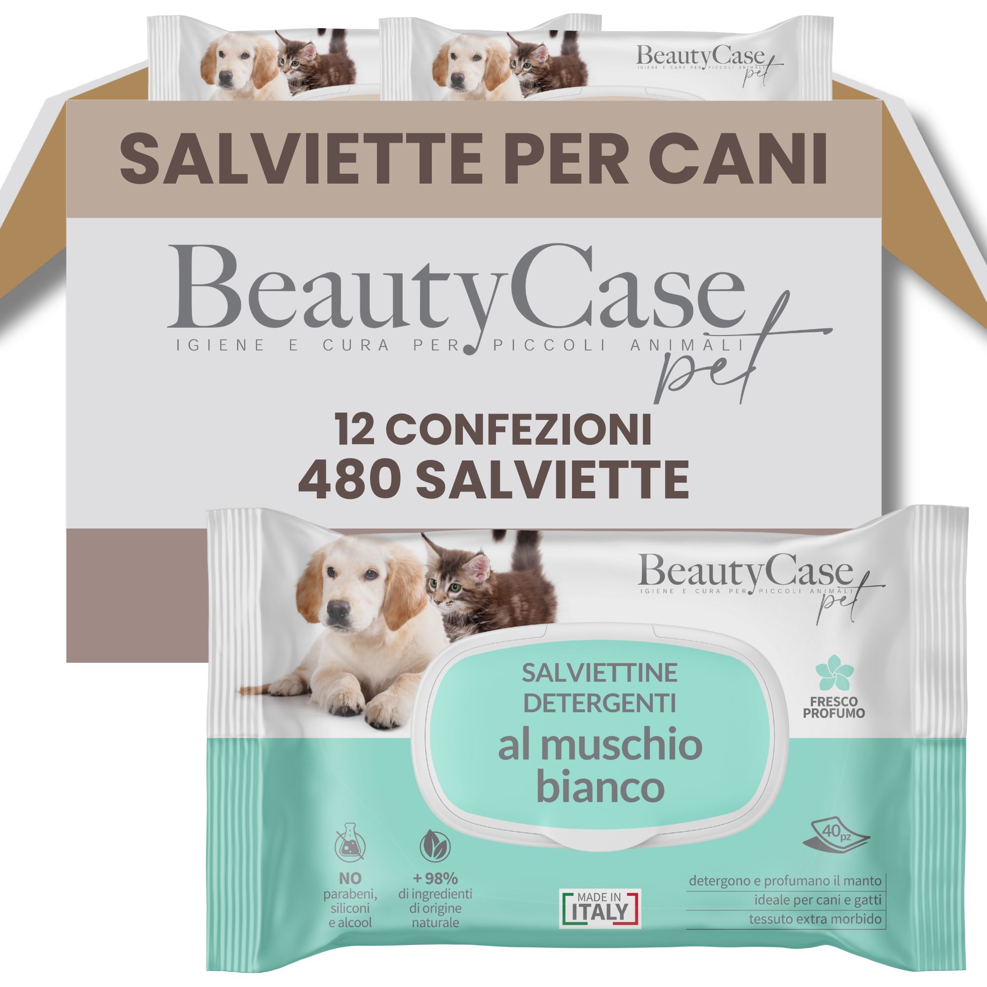 Verpackung mit 12 Packungen Reinigungstücher für Hunde und Katzen. Aufschrift: BeautyCase pet, 480 Tücher. Einzelpackung mit Welpen und Kätzchen.