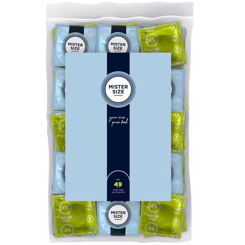 Beutel mit Kondomen. Blaue und grüne Einzelverpackungen. Aufdruck: Mister Size, 49.