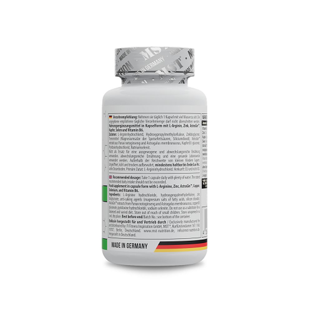 Rückseite einer weißen Flasche. Text in mehreren Sprachen. Aufschrift: Made in Germany. Grün, rot, schwarz.