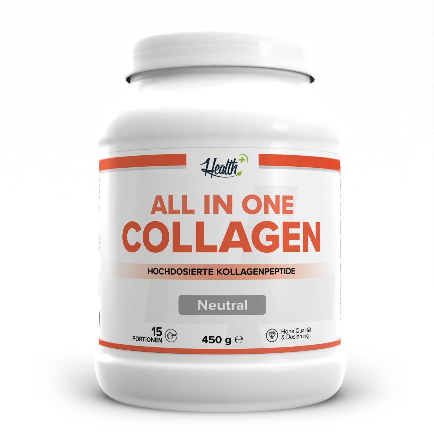 Weißes Produktglas mit orangefarbenem Etikett. 'ALL IN ONE COLLAGEN' Schriftzug. 'Neutral' und '450 g'.