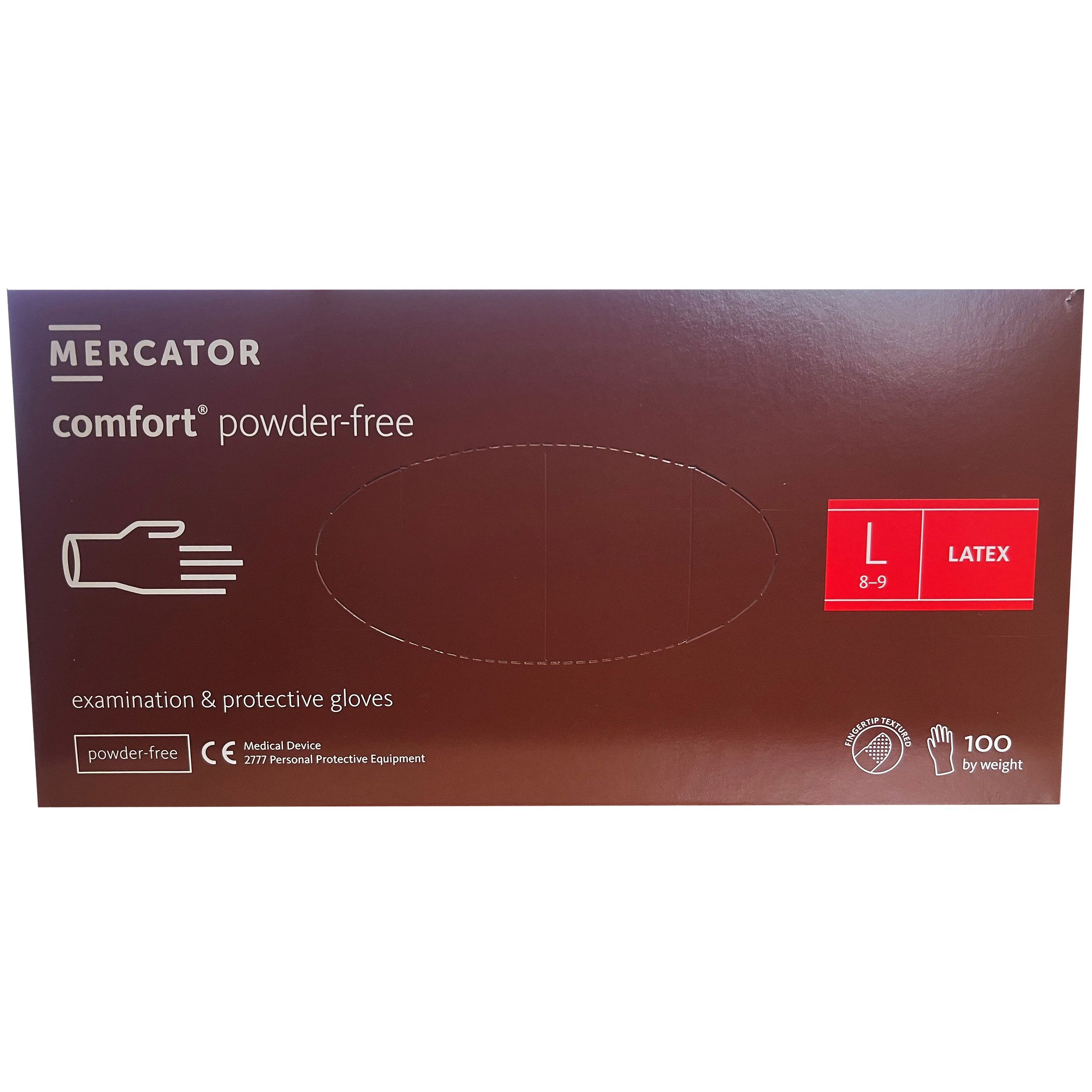 Braune Verpackung mit Handschuhen. Aufschrift: MERCATOR comfort powder-free, Latex, Größe L, 8-9. 100 Stück. CE-Kennzeichnung.