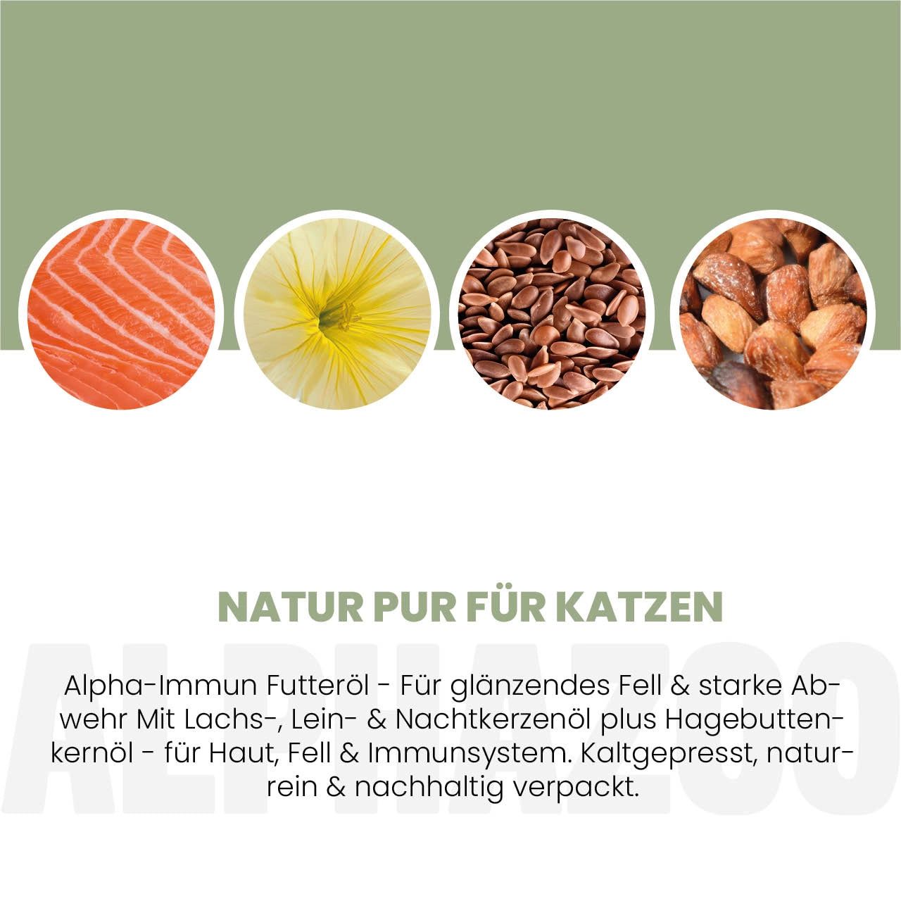 Kreisförmige Abbildungen von Lachs, Blüte, Leinsamen, Mandeln. Text: Natur pur für Katzen. Alpha-Immun Futteröl für Fell & Immunsystem.