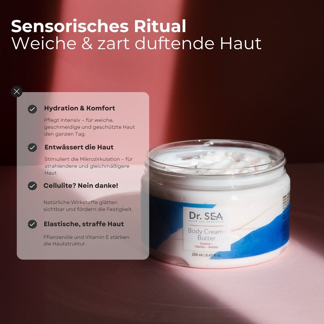 Creme-Butter-Behälter mit rosa Deckel. Text: Hydratation & Komfort, Entwässert die Haut, Elastische, straffe Haut.