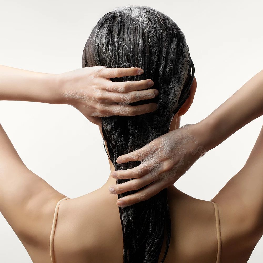 Person wäscht Haare mit Shampoo. Hände am Hinterkopf. Schwarzes Haar, bedeckt mit Schaum.