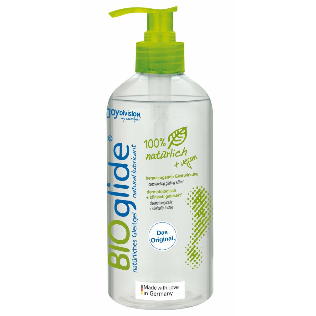 Transparente Flasche mit grünem Pumpkopf. Aufschrift BIOglide, 100% natürlich + vegan. Made in Germany.