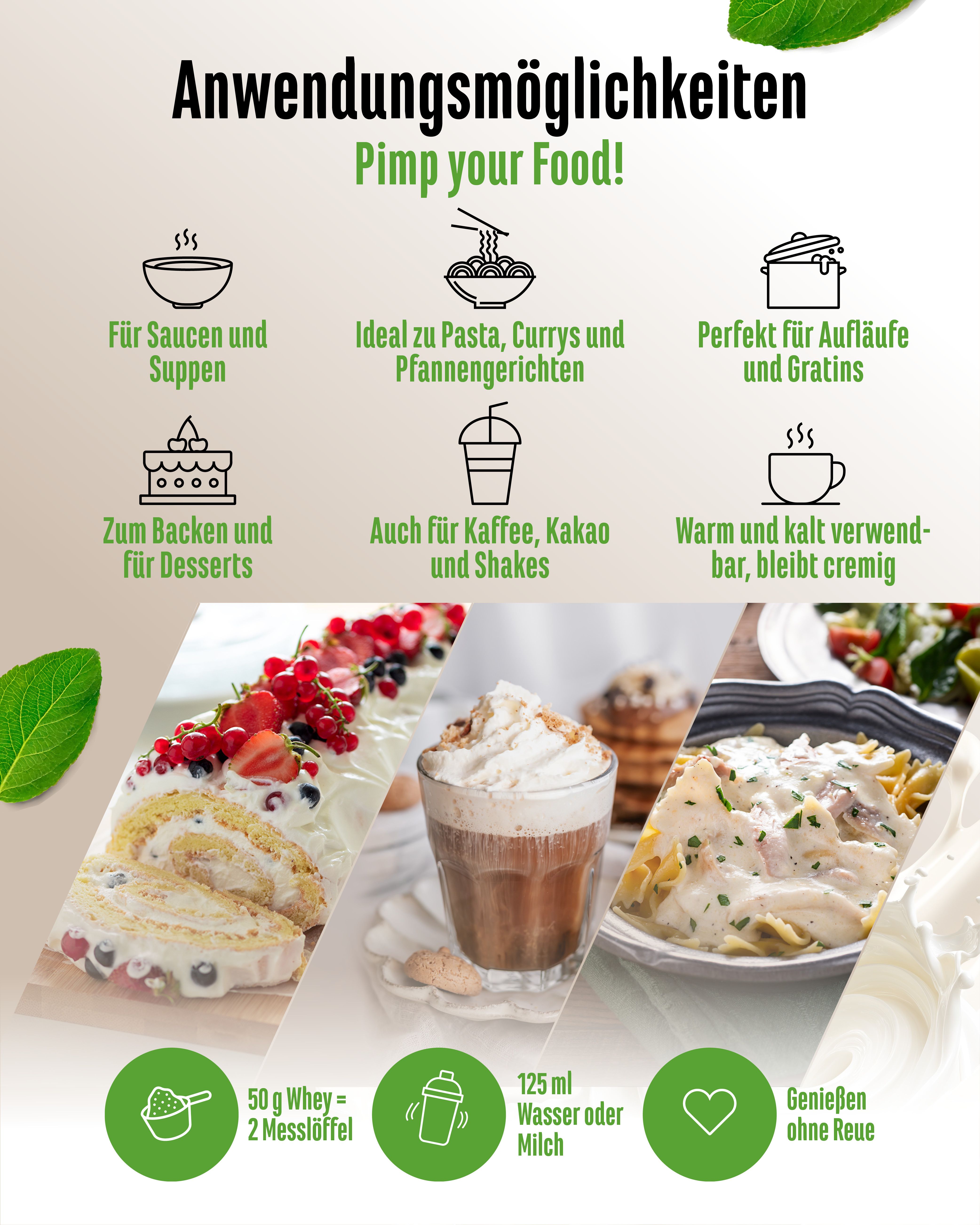 Anwendungsmöglichkeiten: Saucen, Suppen, Pasta, Aufläufe, Backen, Kaffee, Shakes. Bilder von Gerichten mit cremiger Flüssigkeit.