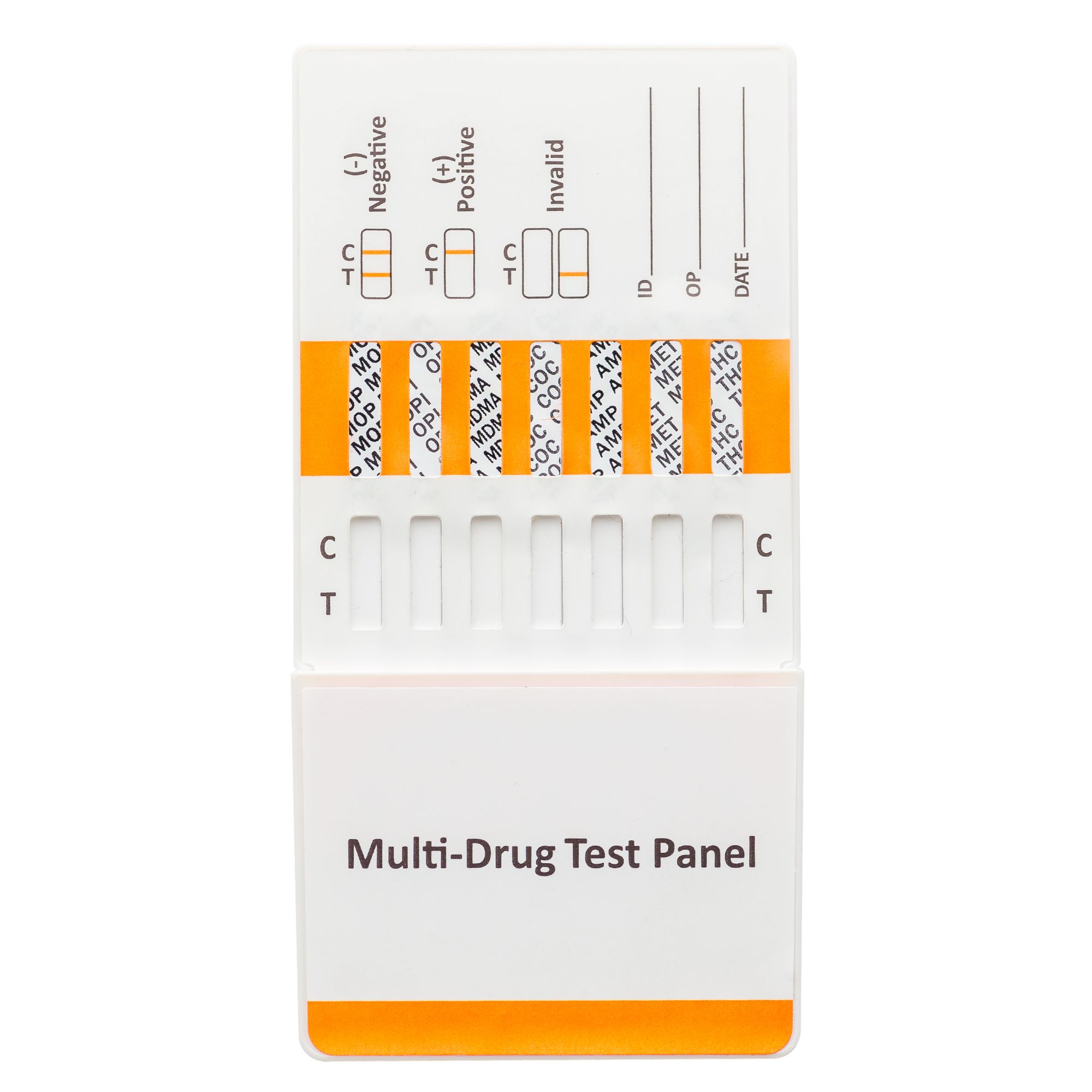 Multi-Drogentest-Panel. Weißes Kunststoffgehäuse mit Teststreifen. Orangefarbene Bereiche mit Beschriftungen. Ergebnisse: negativ, positiv, ungültig.