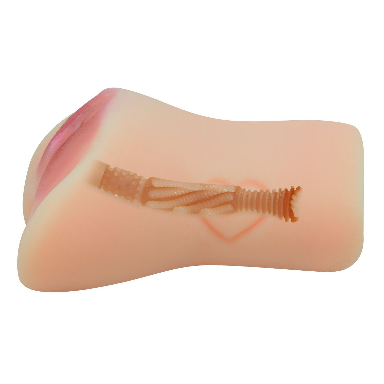 Fleischfarbener Masturbator, seitliche Ansicht. Mit geripptem Tunnel und Herz-Design.