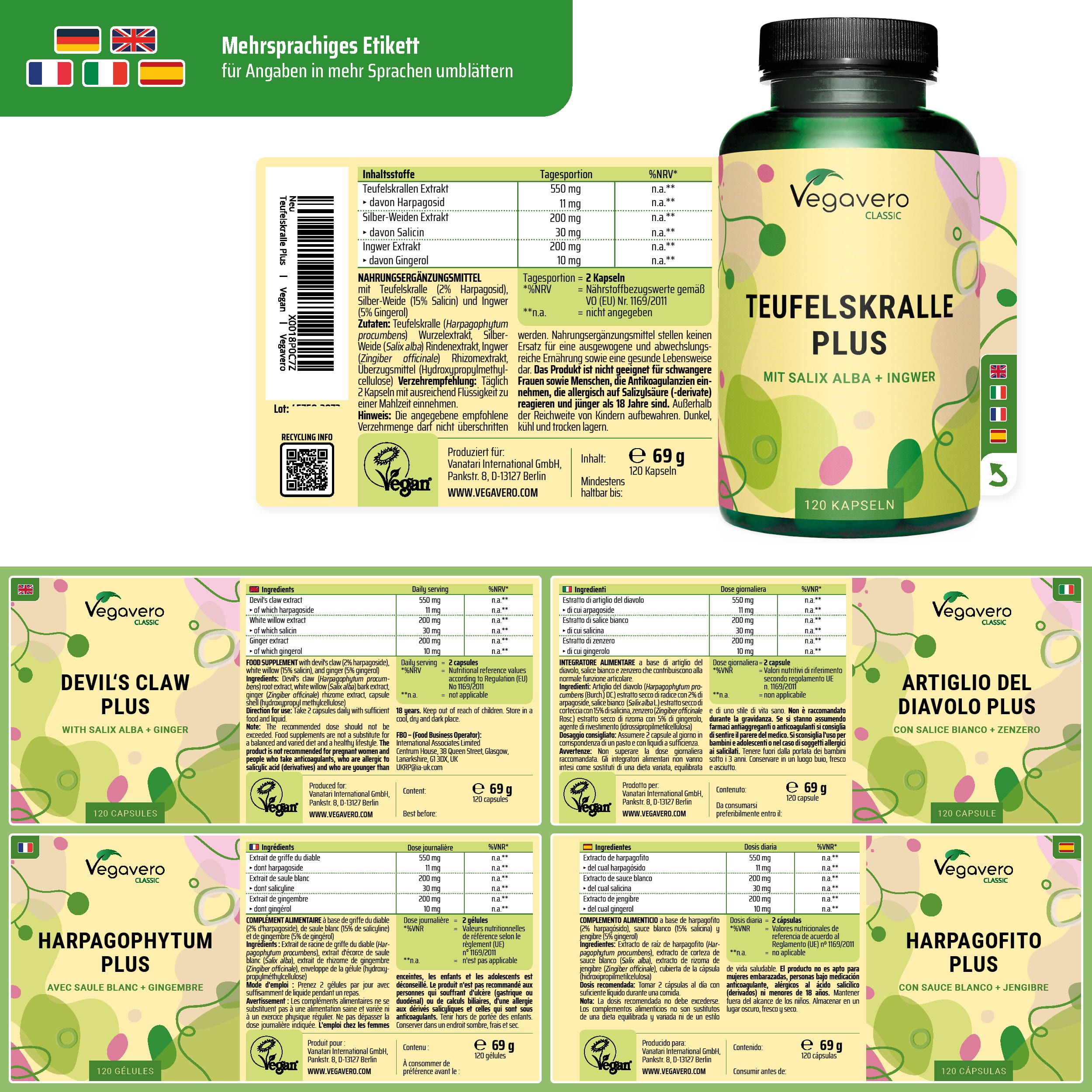 Etiketten mit Informationen in verschiedenen Sprachen. Flasche VEGAVERO Teufelskralle Plus.