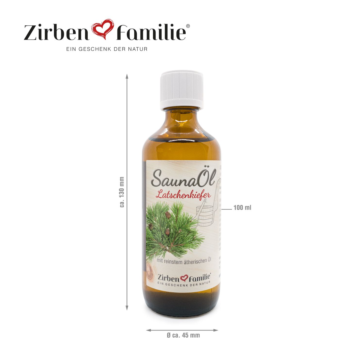Braune Glasflasche mit weißem Deckel. Etikett mit SaunaÖl Latschenkiefer, Kiefernzweig-Illustration und ZirbenFamilie-Logo. Maße: ca. 130 mm hoch, 45 mm breit.
