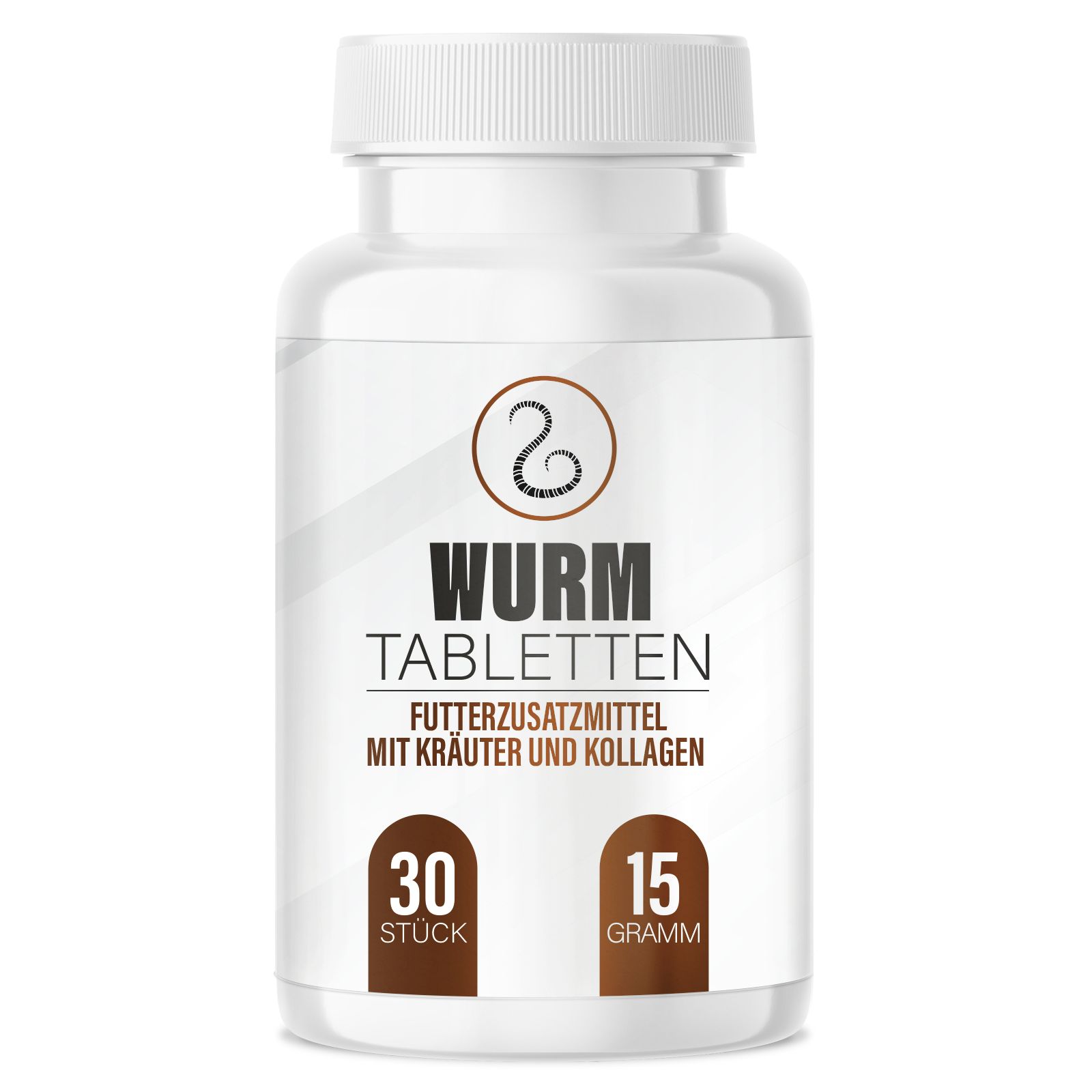 Weiße Flasche mit "Wurm Tabletten". 30 Stück, 15 Gramm. Futterzusatzmittel mit Kräutern und Kollagen.