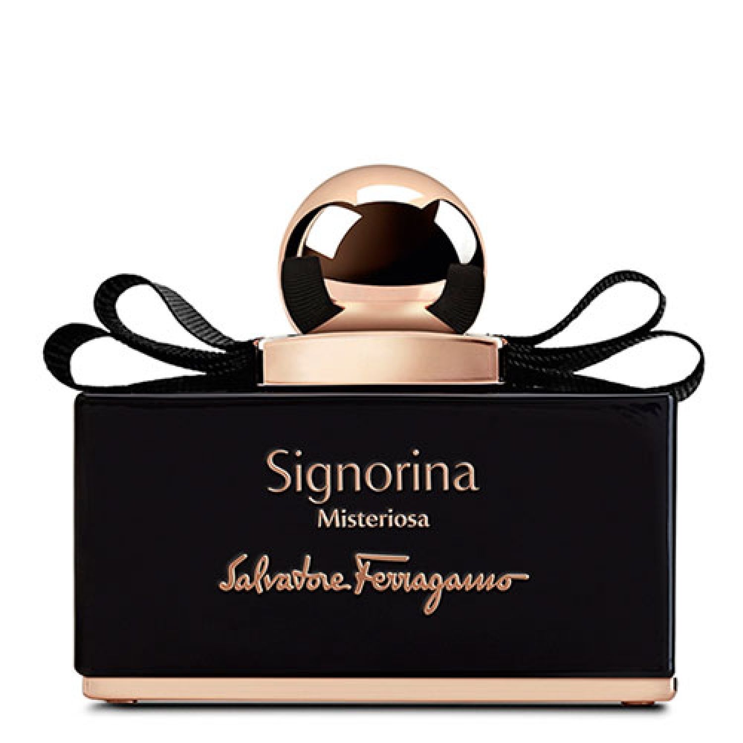 Schwarzer Flakon mit goldfarbenem Verschluss und Schleife. Schriftzug Signorina Misteriosa und Salvatore Ferragamo.