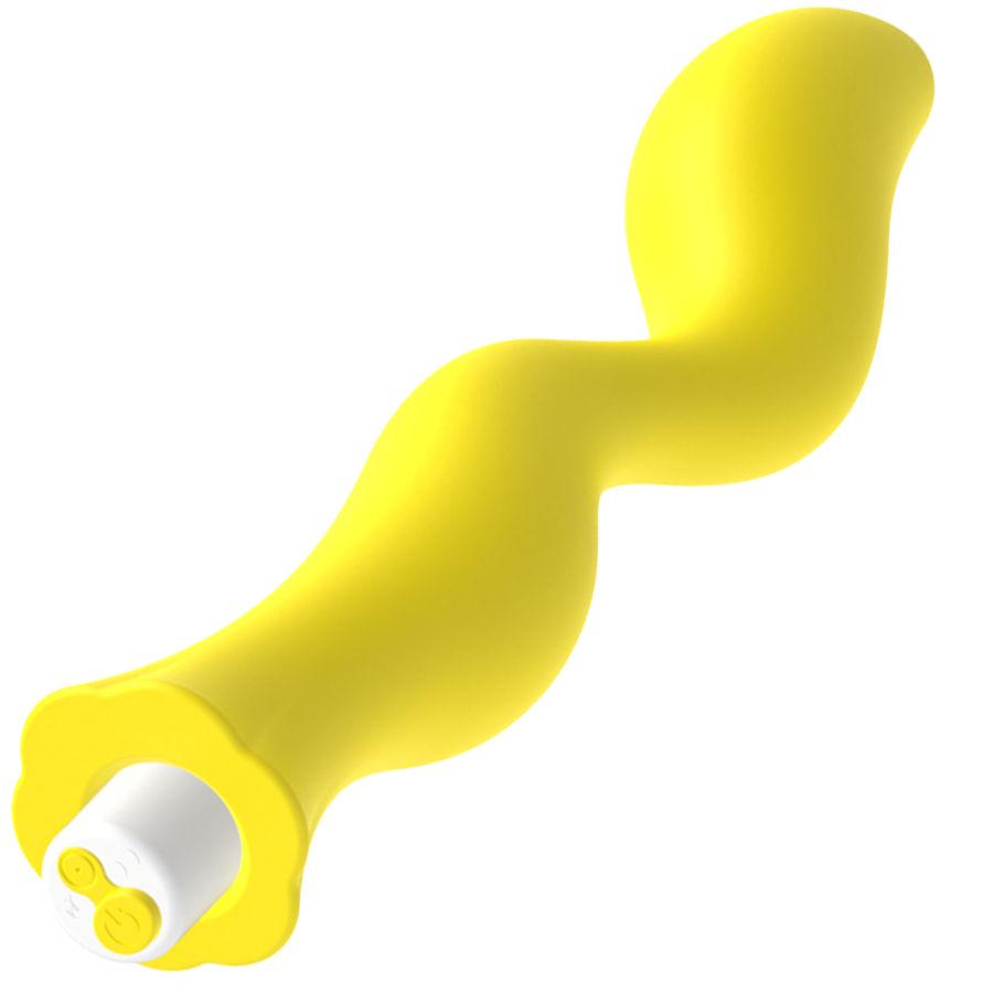 Gelber Vibrator mit geschwungener Form. Basis mit weißen Knöpfen. Geformt wie eine Welle.