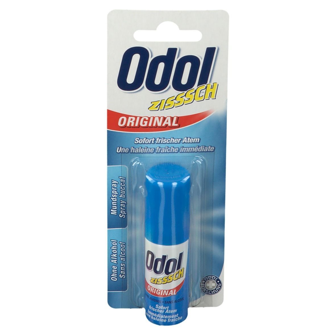 Odol® Mundspray in Blisterverpackung. Blaue Sprühflasche mit weißer Beschriftung. Original-Logo und Produktbezeichnung.