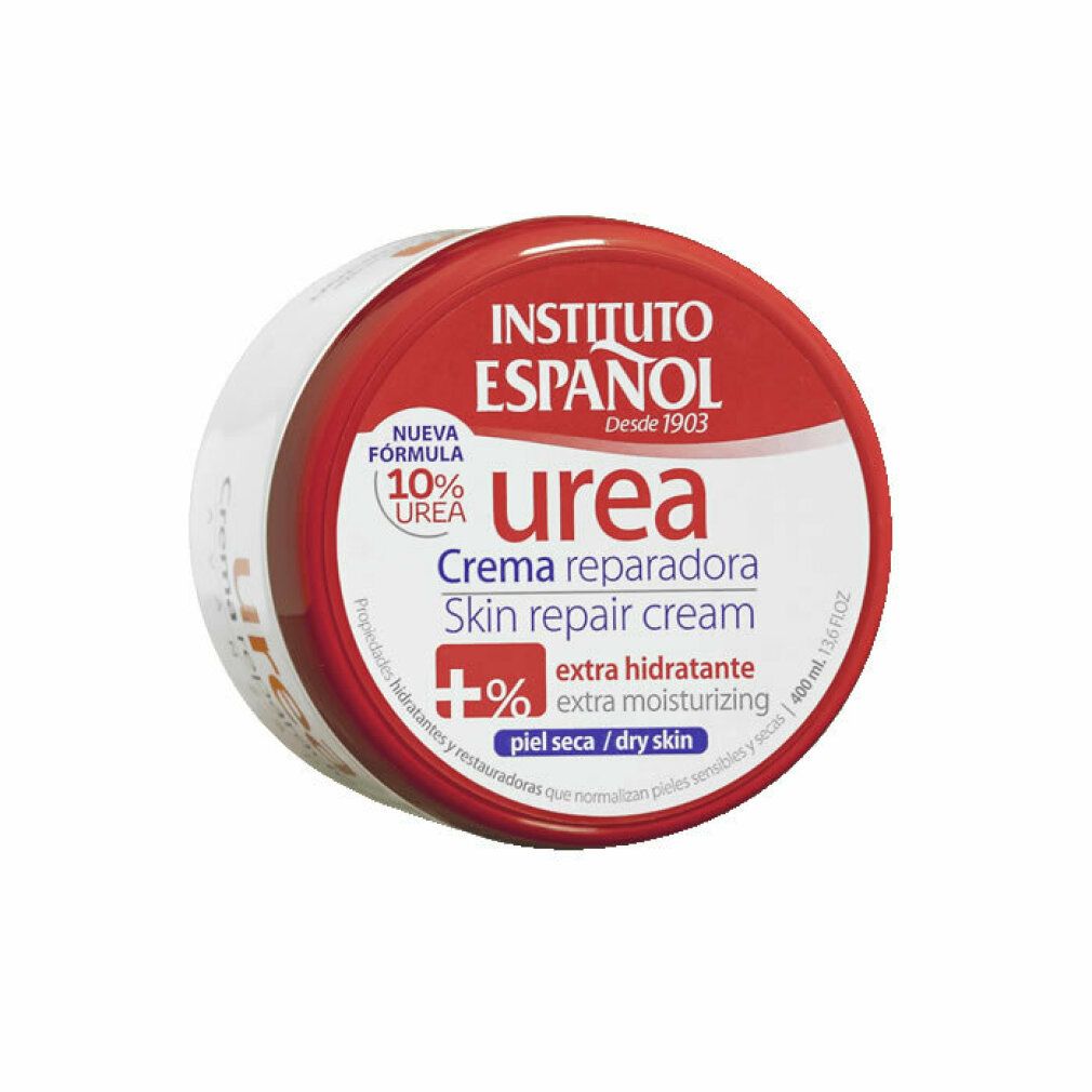 Runde Dose mit rotem Deckel. Aufschrift: Instituto Español, Urea, Creme reparadora, Skin repair cream. 10% Urea, extra hydratante.