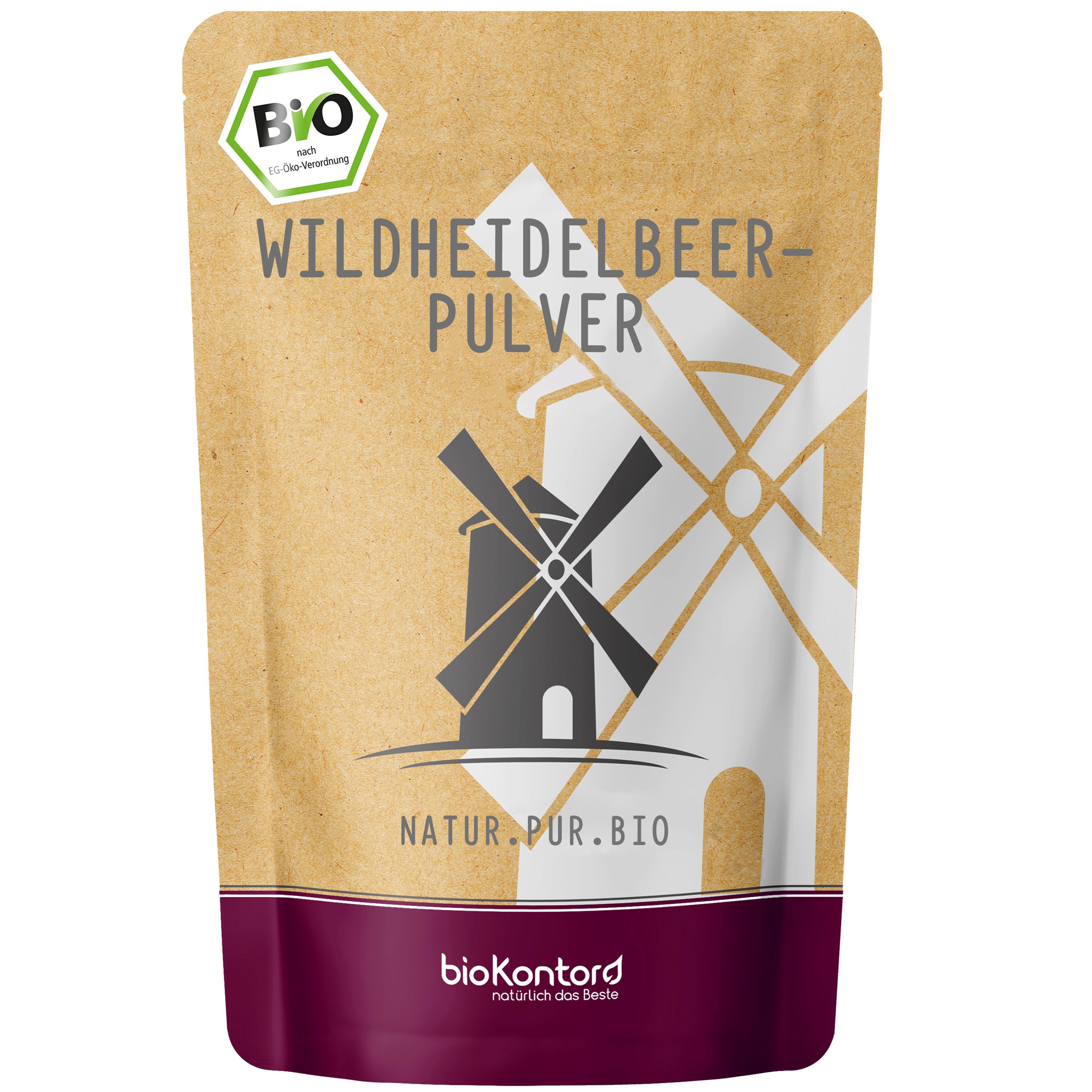 bioKontor Wildheidelbeer Pulver in brauner Papiertüte mit Windmühlen-Design und Bio-Siegel.
