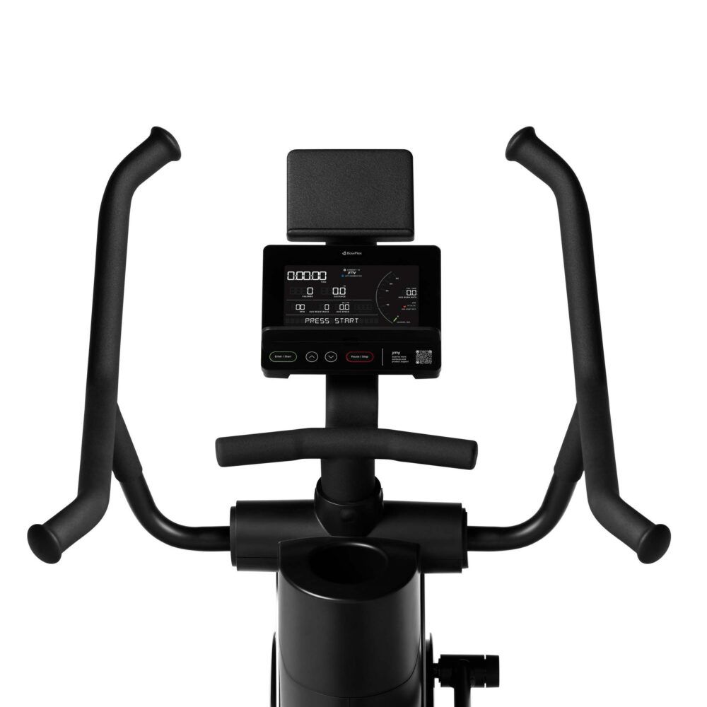 Fitnessgerät, Detailansicht. Schwarze Griffe, Display mit Anzeige. Schwarzes Gestell.