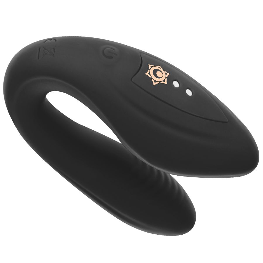 Schwarzer Rithual Kama Vibrator mit U-Form. Auf der Oberfläche befinden sich zwei kleine Lichter und ein Symbol.