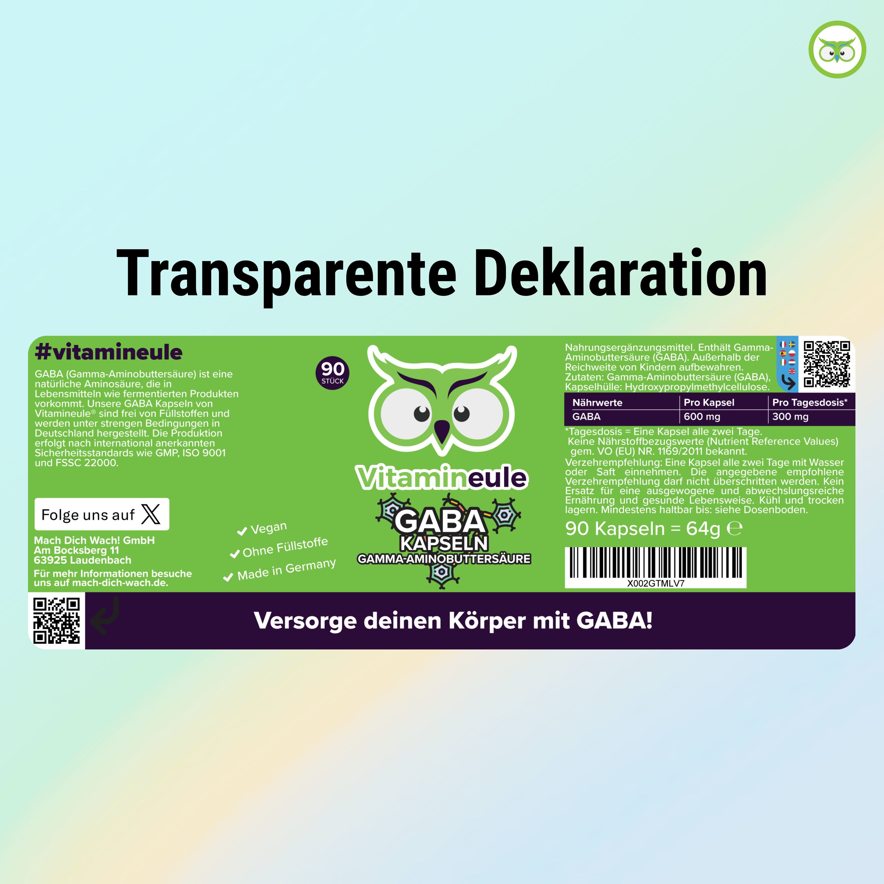 Etikett: Vitamineule GABA Kapseln. Text: Gamma-Aminobuttersäure, 90 Kapseln, Vegan, Ohne Füllstoffe, Made in Germany. Nährwertangaben, QR-Code.