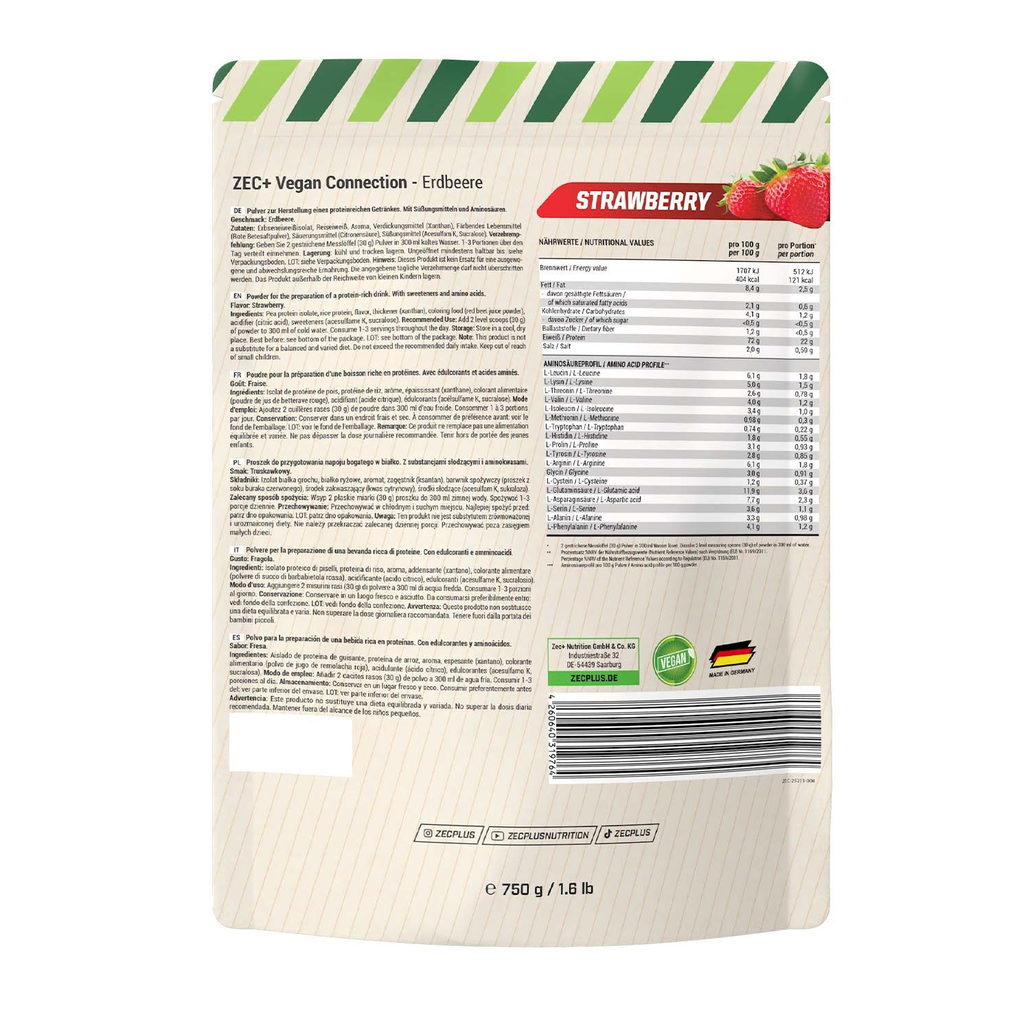 Zec+ Vegan Connection Erdbeere. Beutel mit Text und Nährwertangaben. Erdbeeren abgebildet. 750g/1.6 lb.