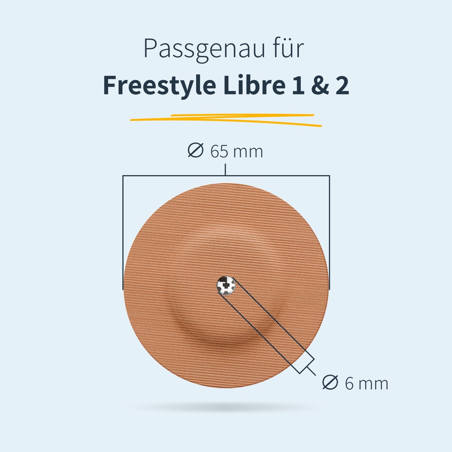 Rundes, hautfarbenes Pflaster mit Belüftungsloch. Durchmesser 65 mm, Loch 6 mm. Text: Passgenau für Freestyle Libre 1 & 2.