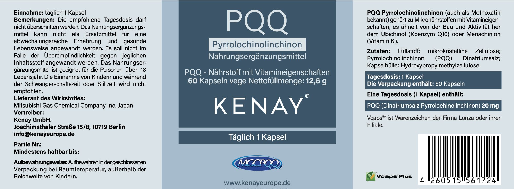 Etikett mit Produktinformationen. Aufschrift PQQ Pyrrolochinolinchinon, KENAY. 60 Kapseln. Text in Deutsch.