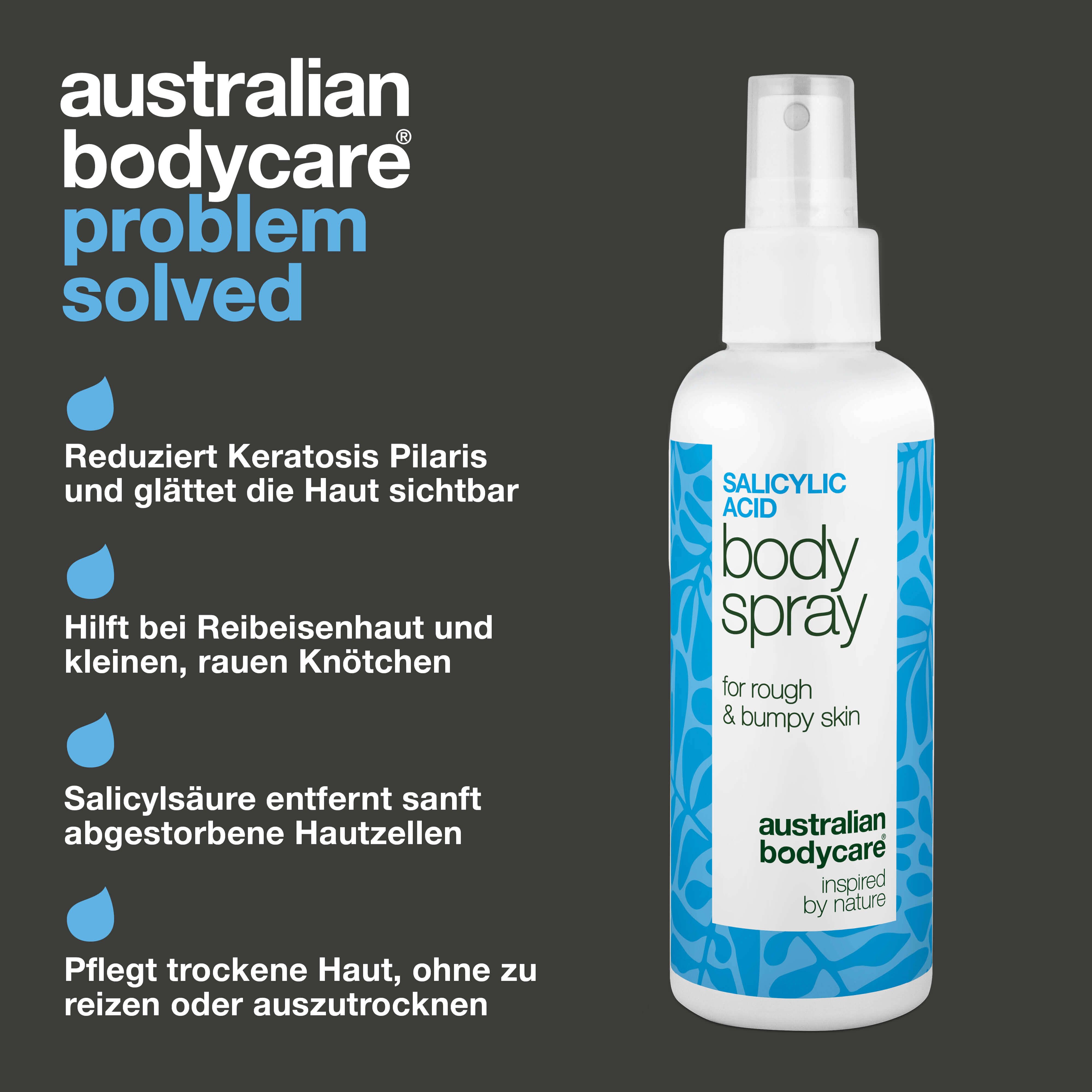 Produkt mit Text: Reduziert Keratosis Pilaris. Hilft bei Reibeisenhaut. Salicylsäure entfernt Hautzellen. Pflegt trockene Haut.