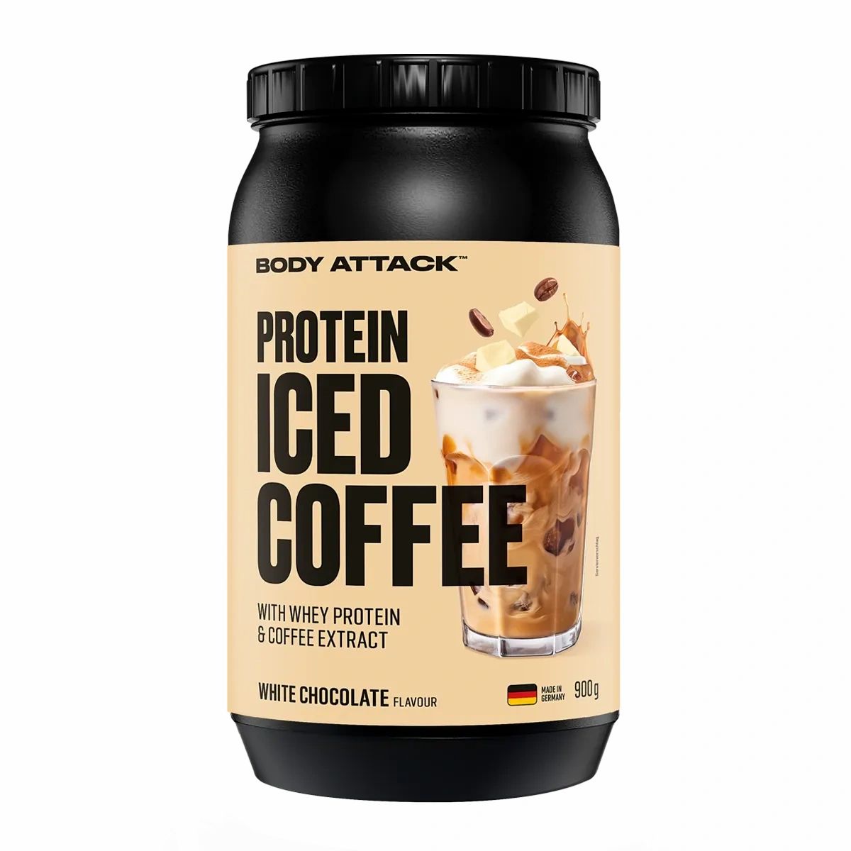 Body Attack Protein Iced Coffee, White Chocolate Geschmack. 900g Dose mit Whey Protein und Kaffeeextrakt.