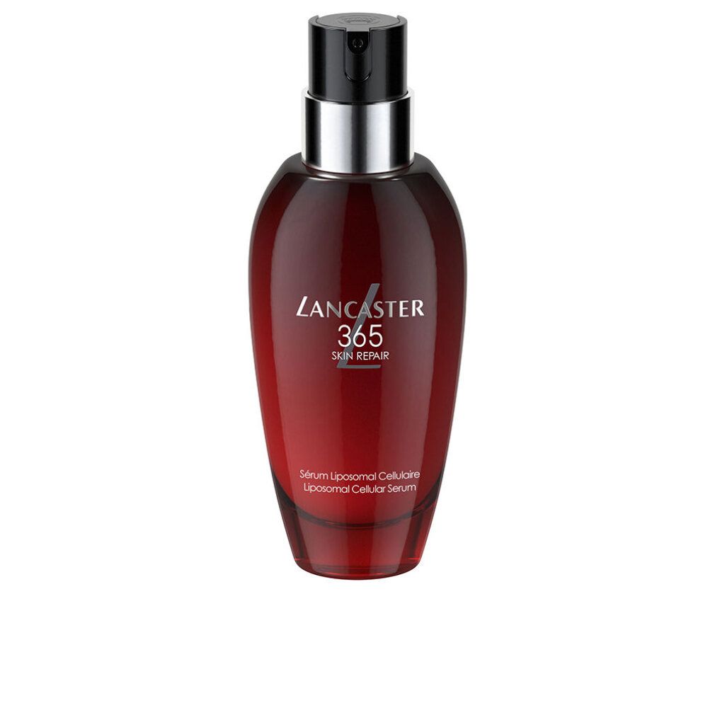 Rote Flasche mit schwarzem Pumpkopf. Schriftzug: Lancaster 365 Skin Repair. Liposomales zelluläres Serum.